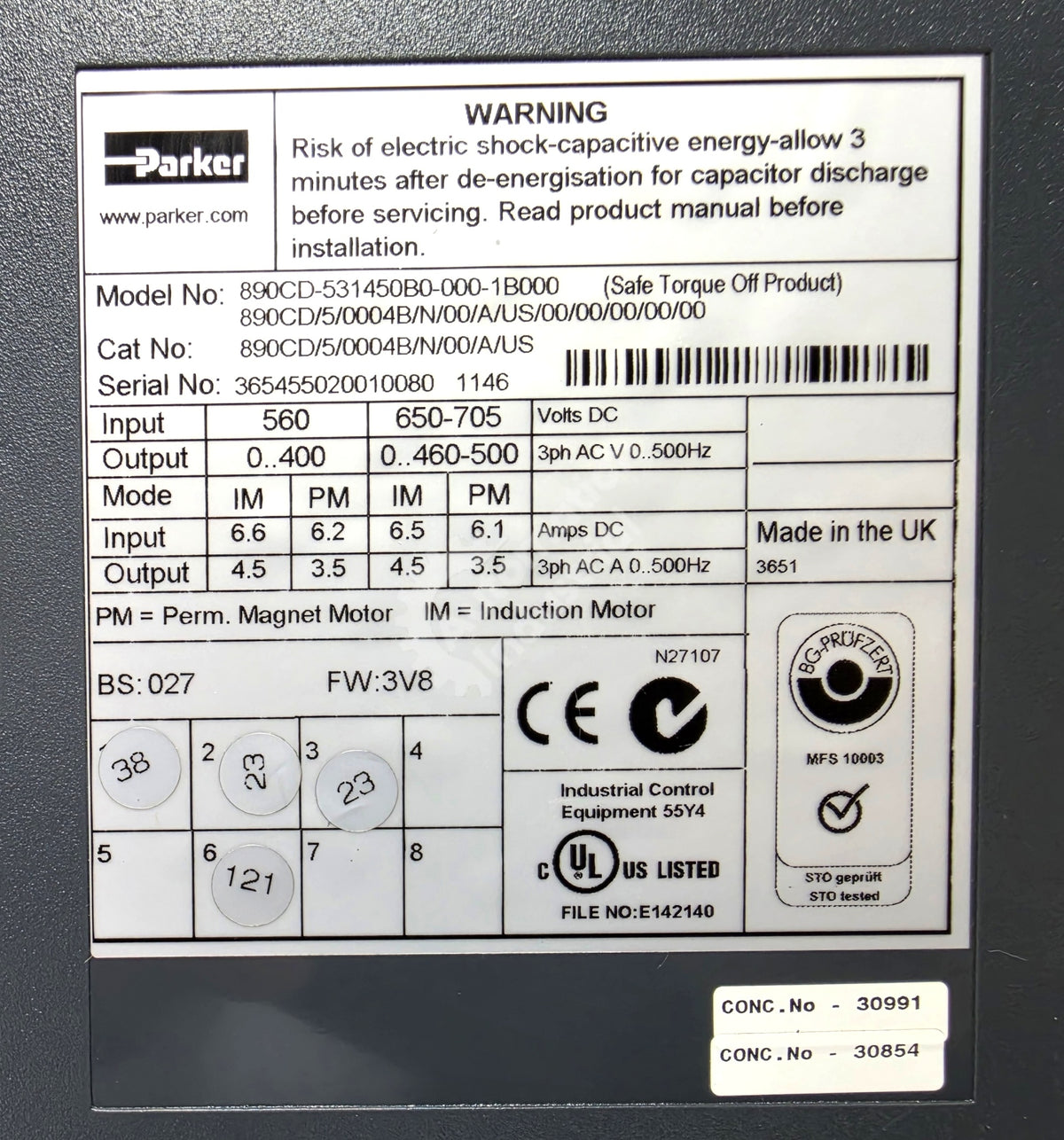 890CD-531450B0-000-1B000 By Parker 890 Common DC Bus Drive