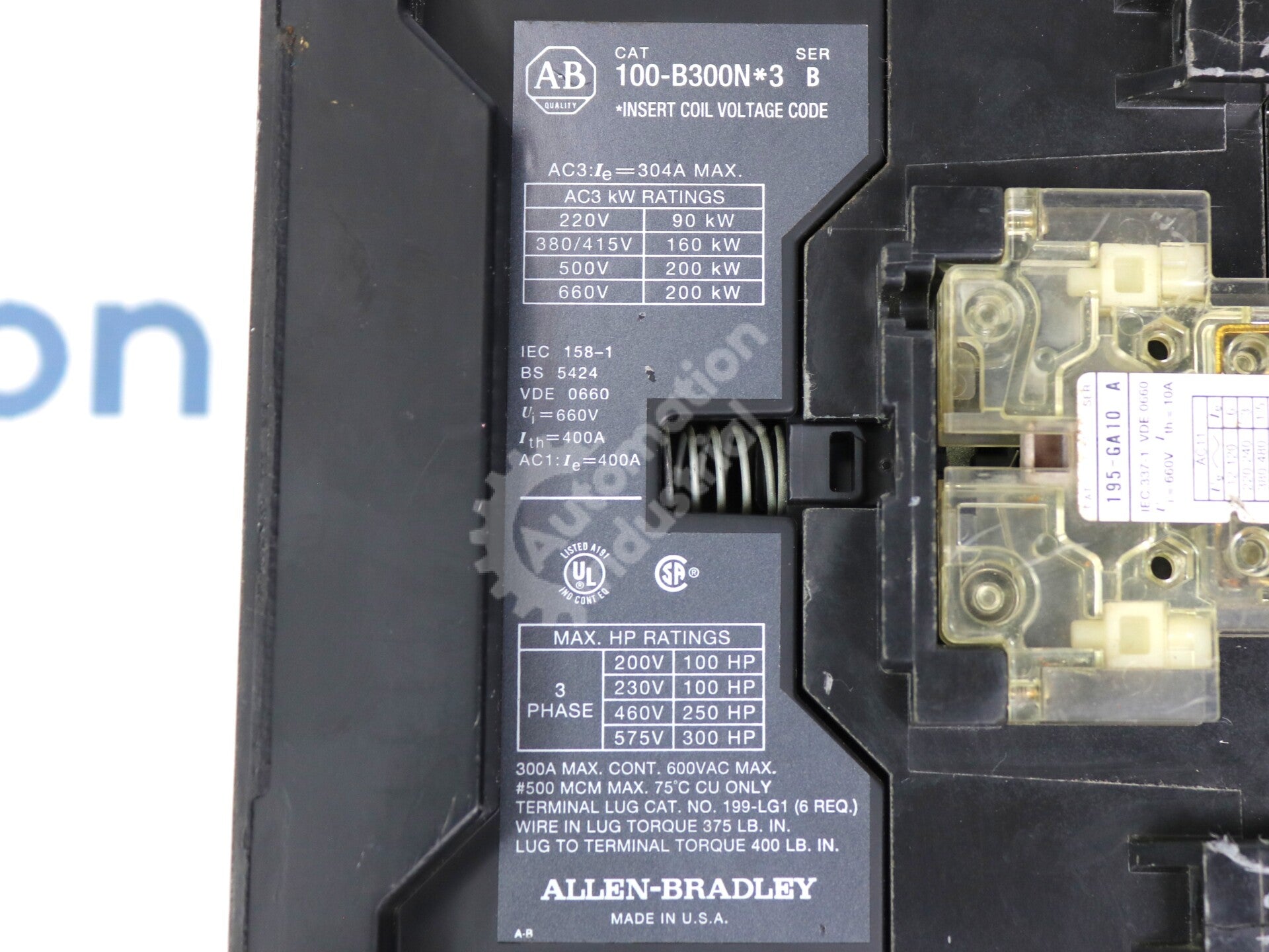 100-B300N3 By Allen-Bradley 300HP 600 VAC Electromagnet Contactor
