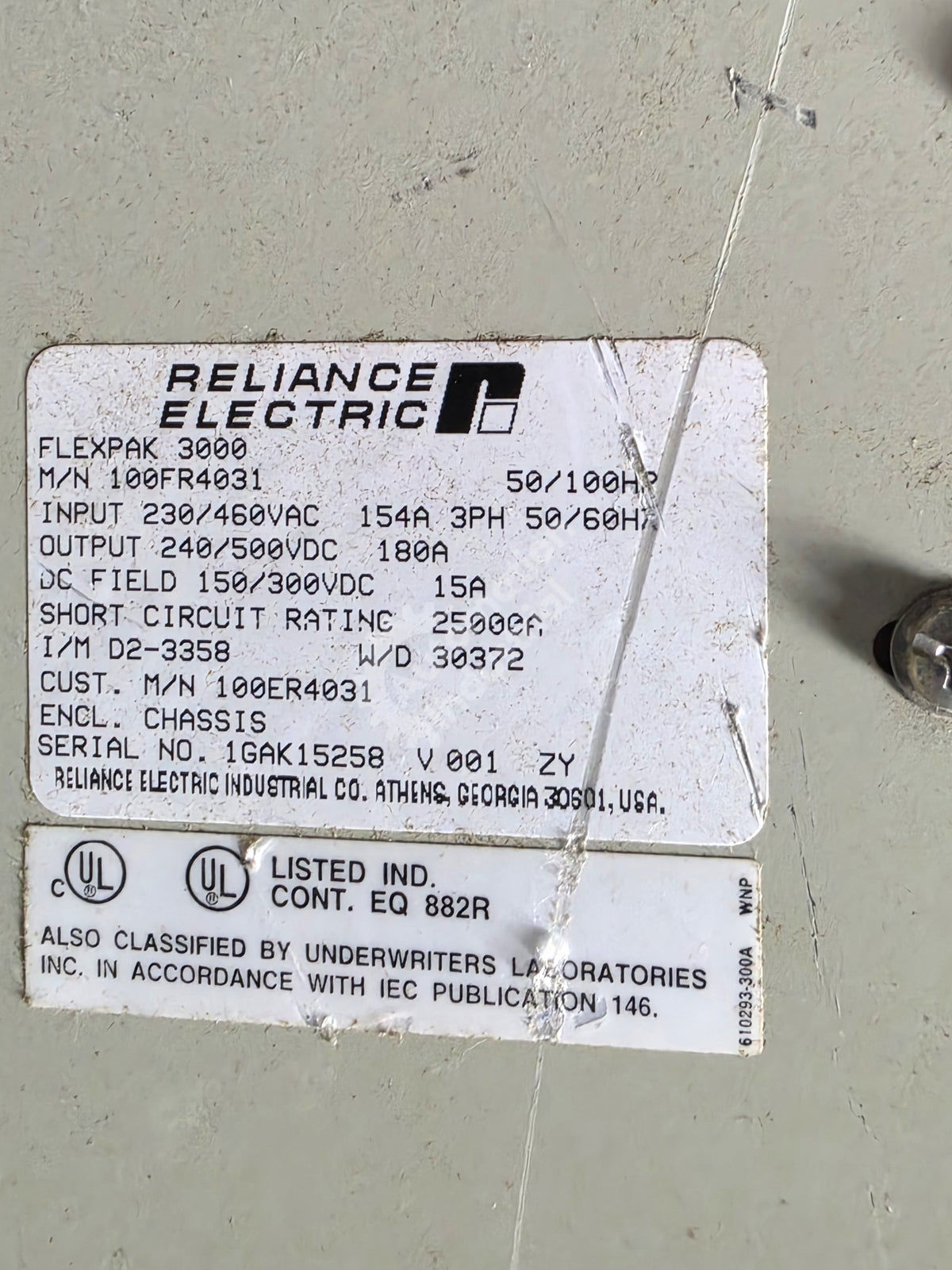 100FR4031 By Reliance Electric 240/500V DC FlexPak 3000 Digital DC Drive 100 HP