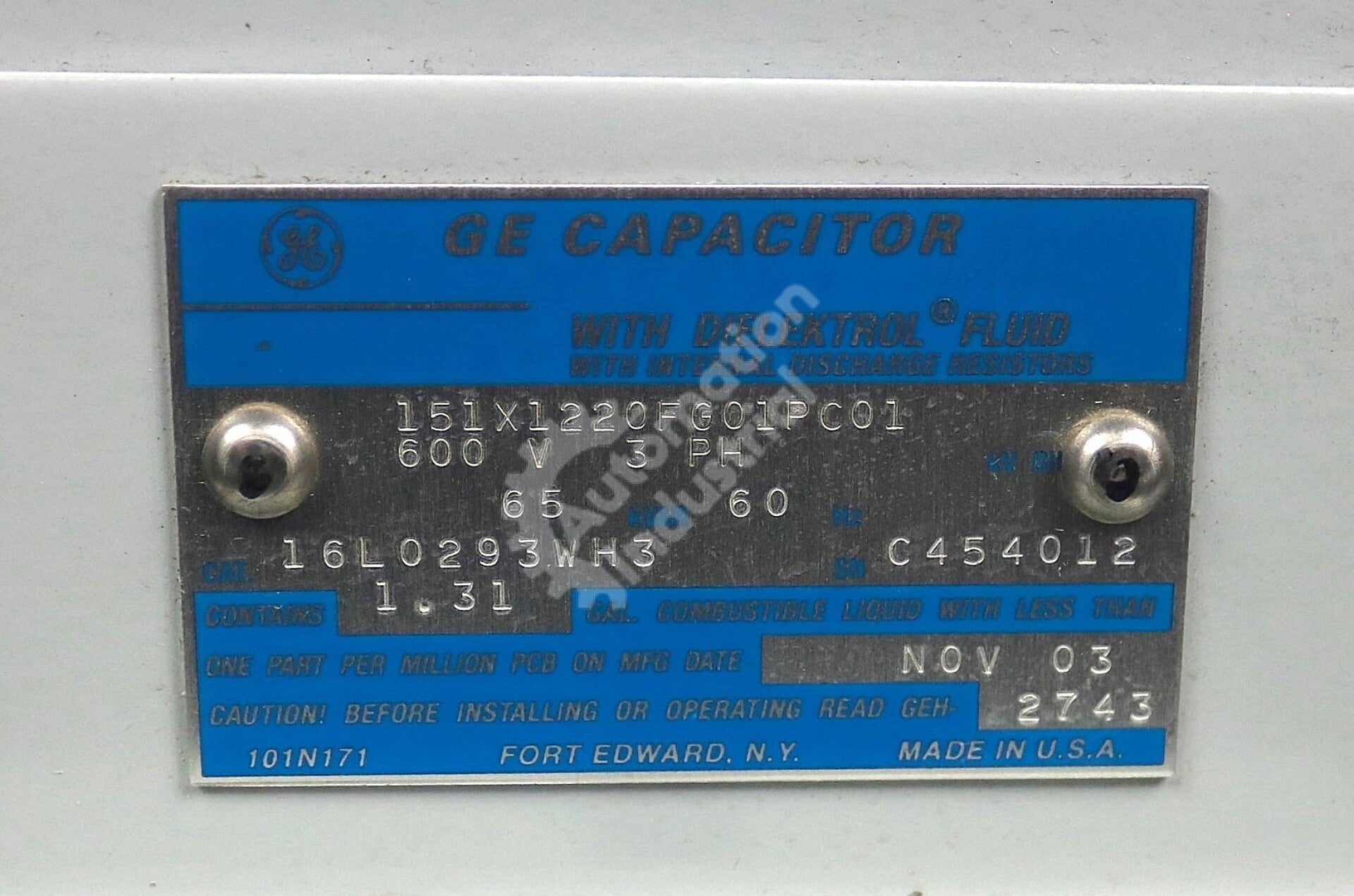 151X1220FG01PC01 By General Electric 600VAC 65Kvar 60Hz Capacitor