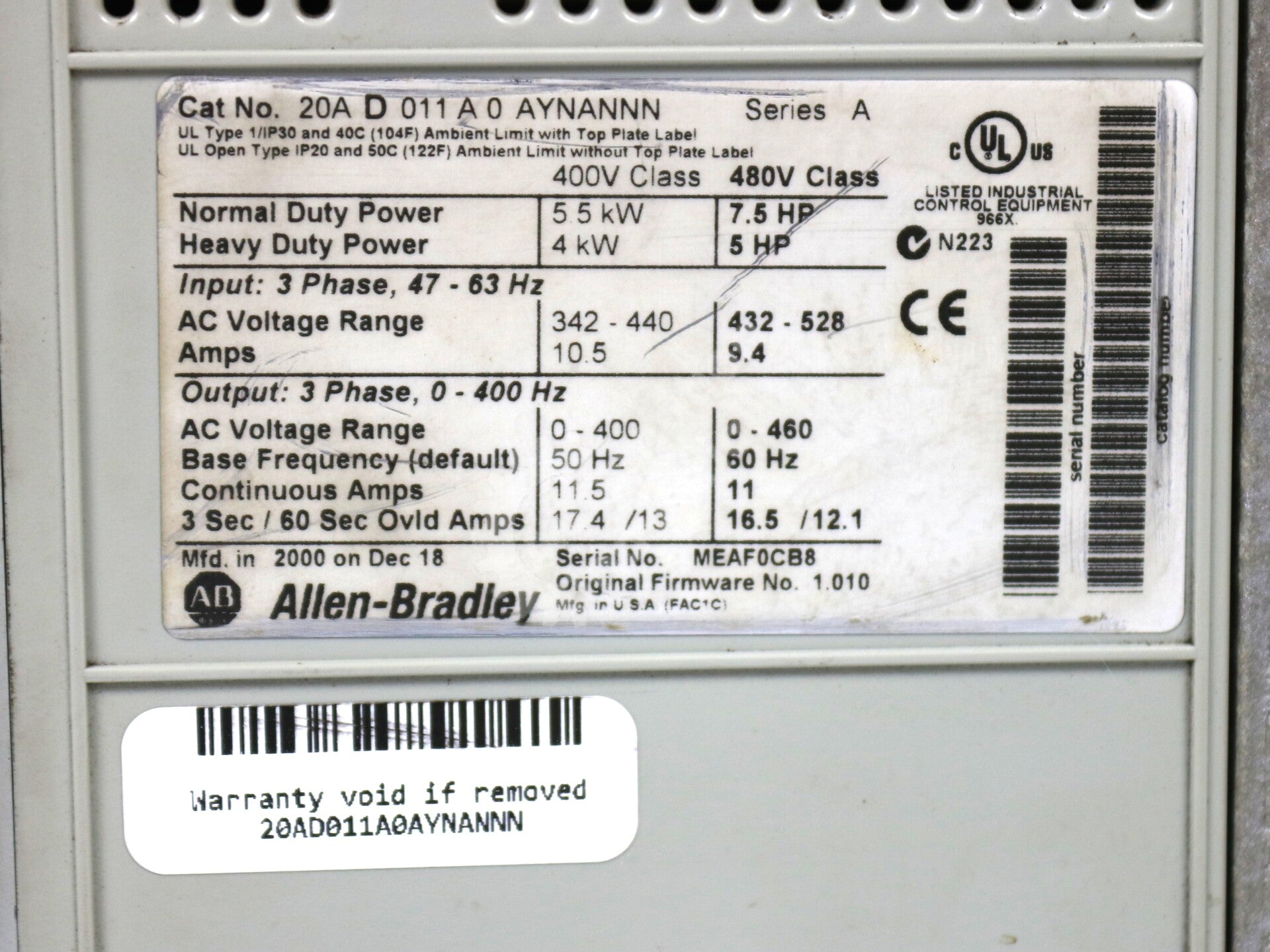 20AD011A0AYNANNN By Allen Bradley 480V 50Hz 7.5HP Adjustable Frequency AC Drivee