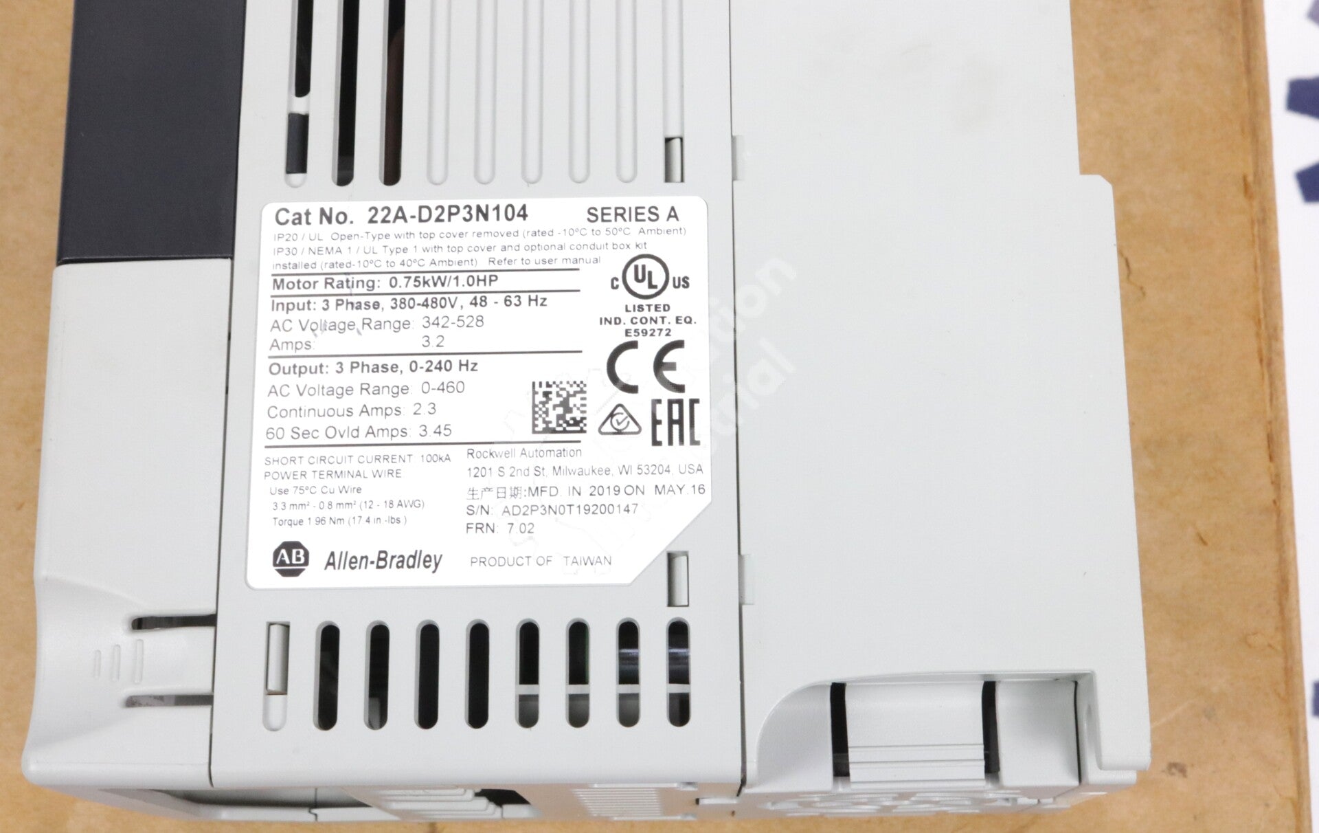 22A-D2P3N104 By Allen Bradley 1HP PowerFlex 4 Adjustable Frequency AC Drive