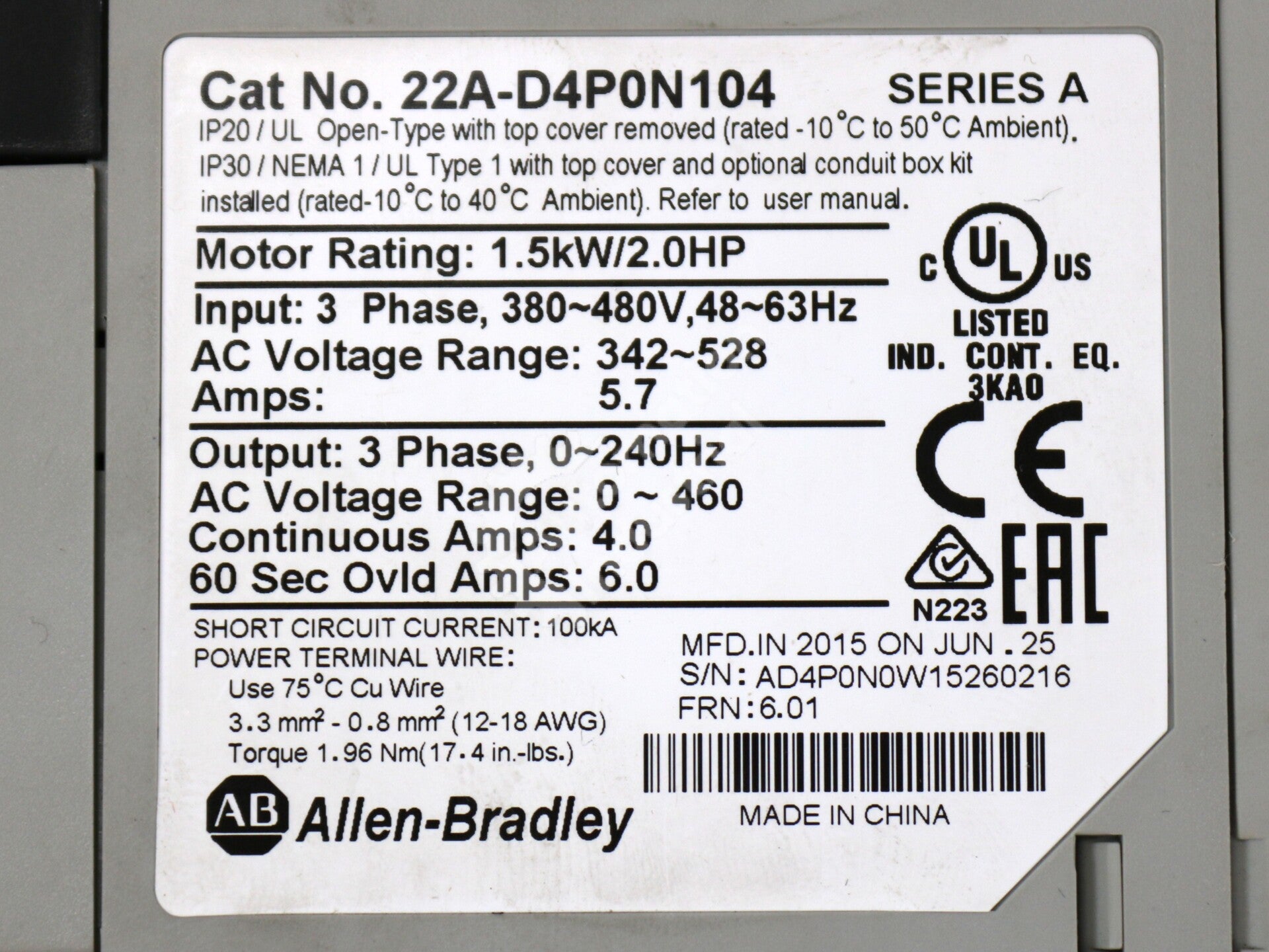 22A-D4P0N104 By Allen Bradley 480VDC 3 Phase PowerFlex 4 AC Drive
