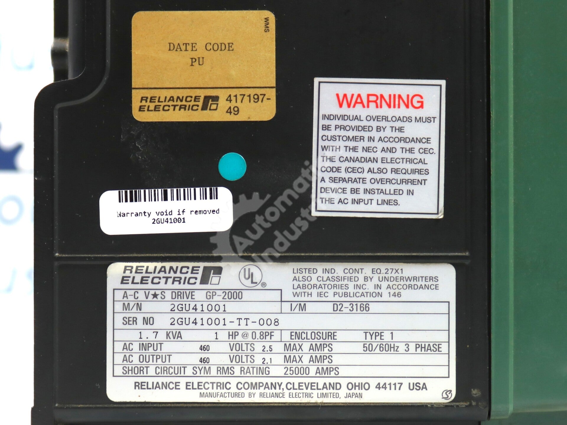 2GU41001 By Reliance Electric 0.8HP 3-Phase 2.1A 460VAC VS Drive