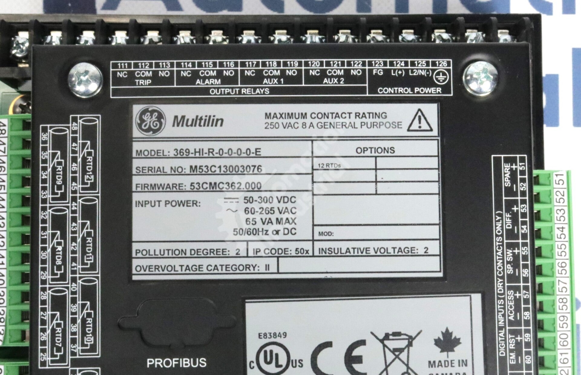 369-HI-R-0-0-0-0-E By GE Multilin 369 Motor Protection Relay New Surplus No Box