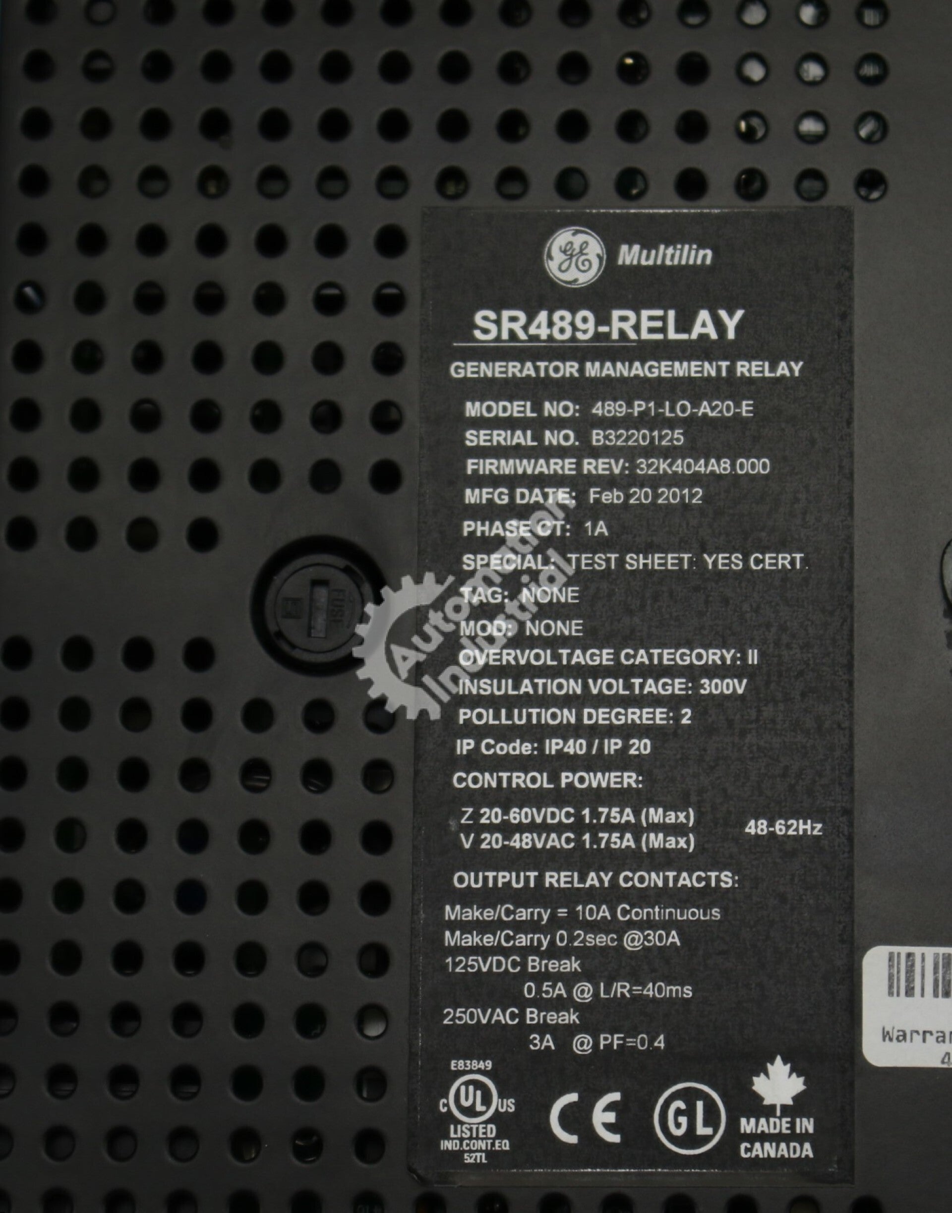 GE Multilin 489-P1-LO-A20-E Generator Management Relay