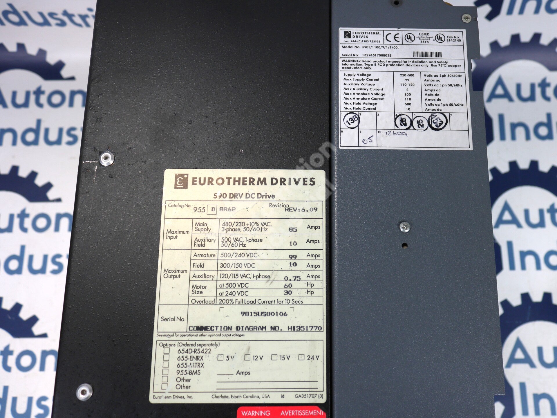 590S/1100/9/1/1/00 By Eurotherm 955D8R62 220-500VAC 60HP Digital DC Drive
