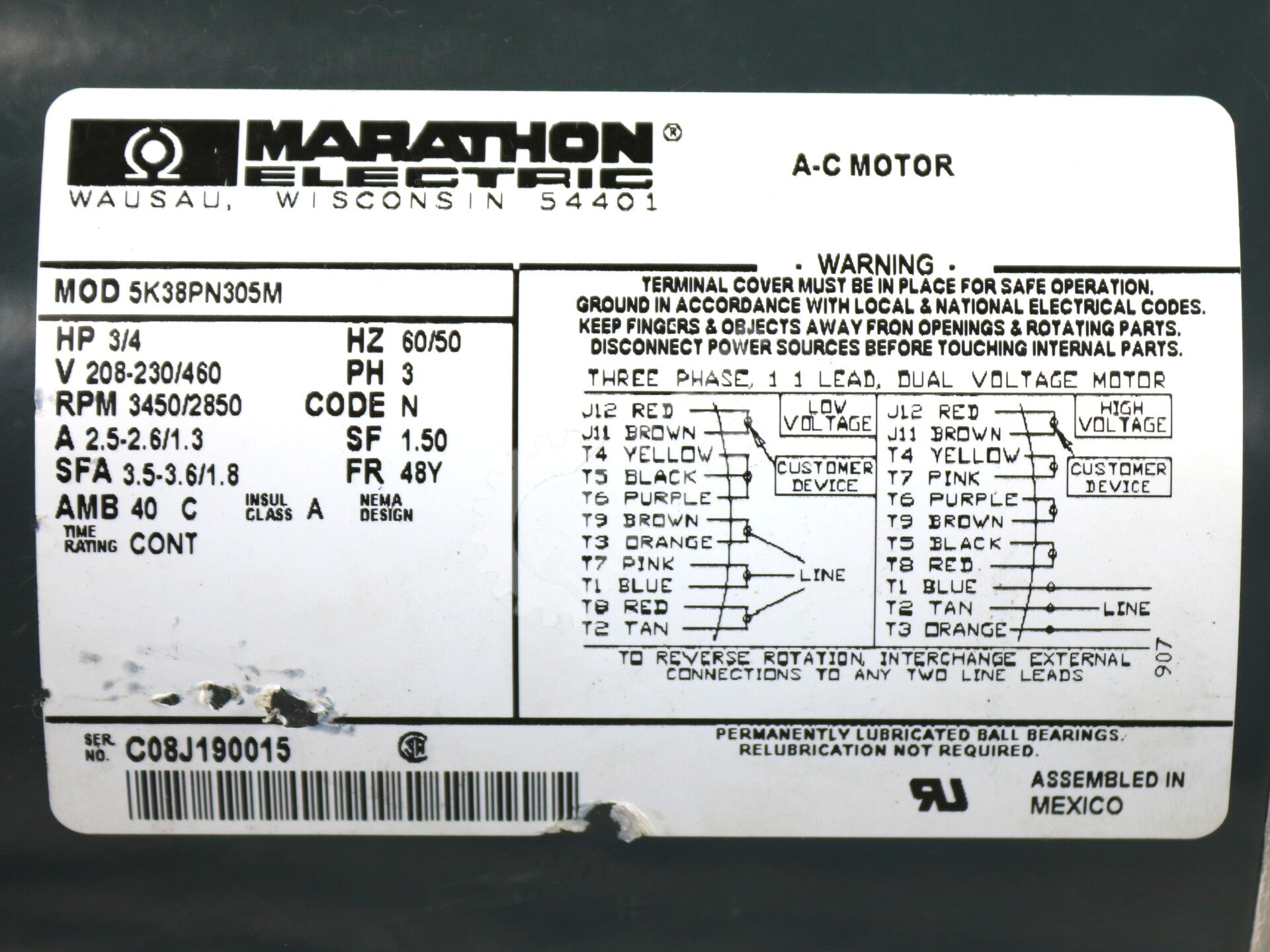 5K38PN305M By General Electric 5K38PN305 3-Phase 230-460V .75HP AC Motor