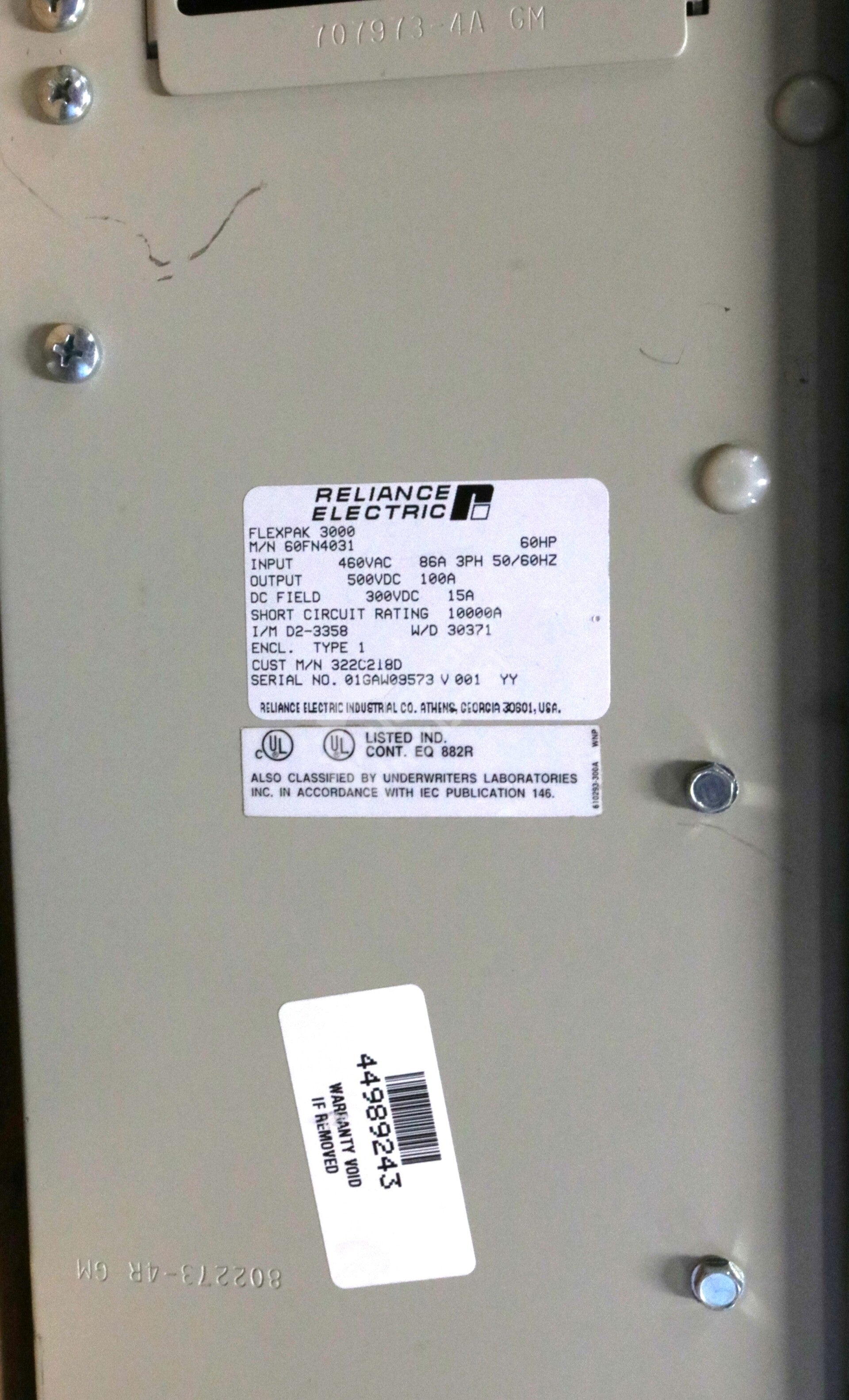 60FN4031 By Reliance Electric 3-Phase 60HP 460V FlexPak 3000 DC Drive