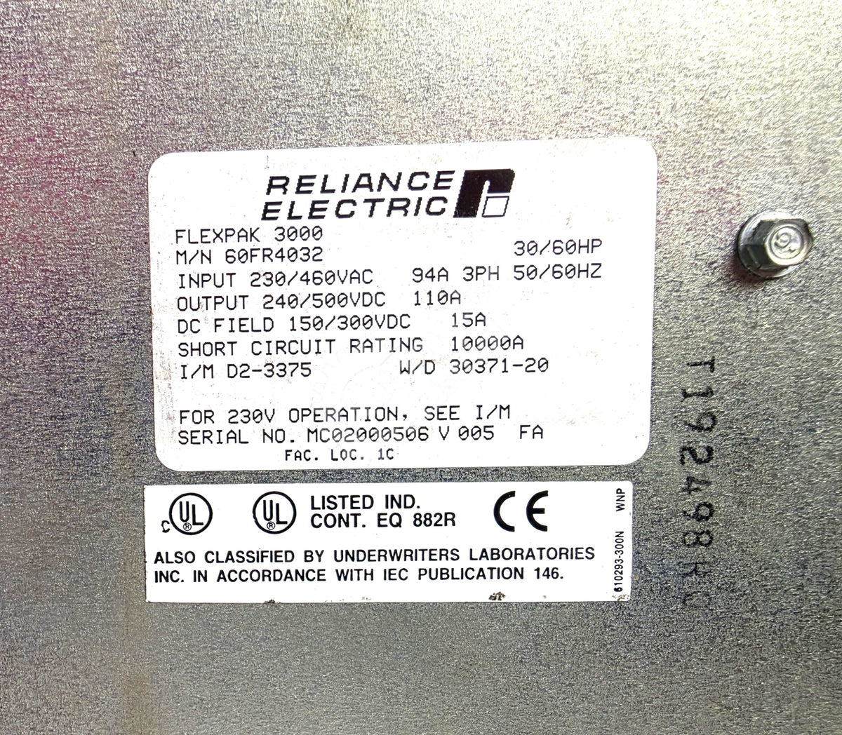 60FR4032 By Reliance Electric FlexPak 3000 60HP 460V DC Drive