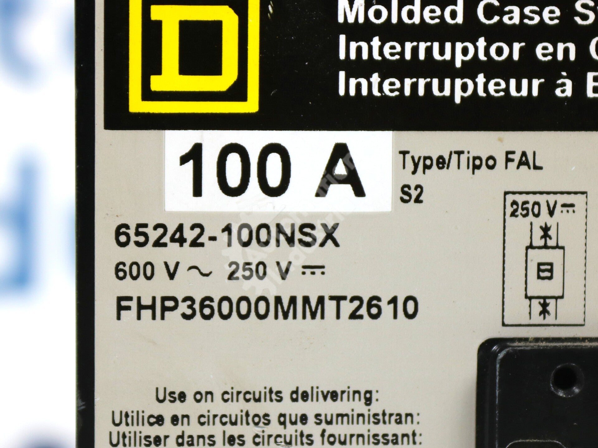 65242-100NSX By Square D FHP36000MMT2610 3-Pole 100A Molded Case Circuit Breaker