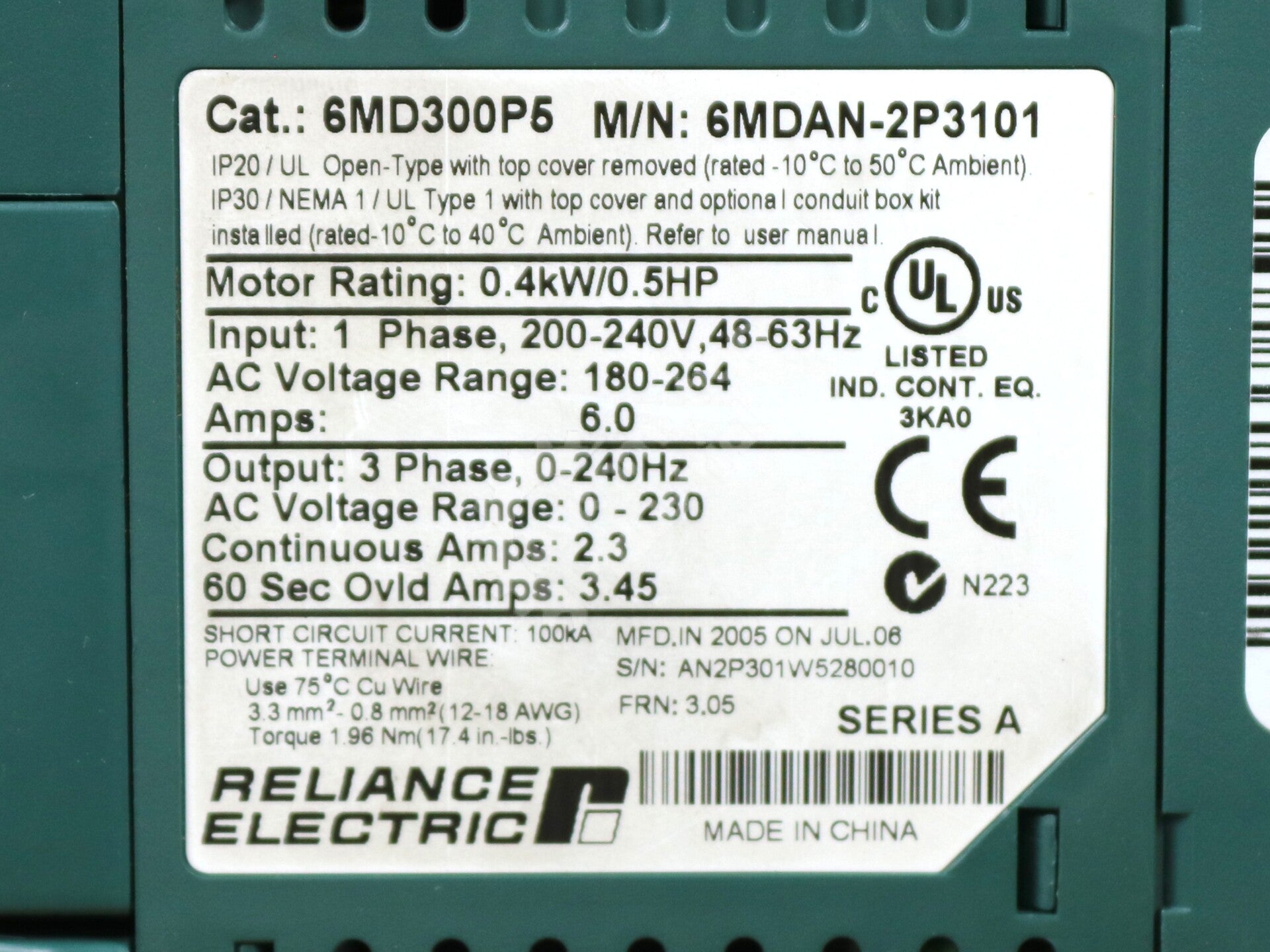 6MDAN-2P3101 By Reliance Electric MD60 0.5HP 240V 50/60Hz AC Drive