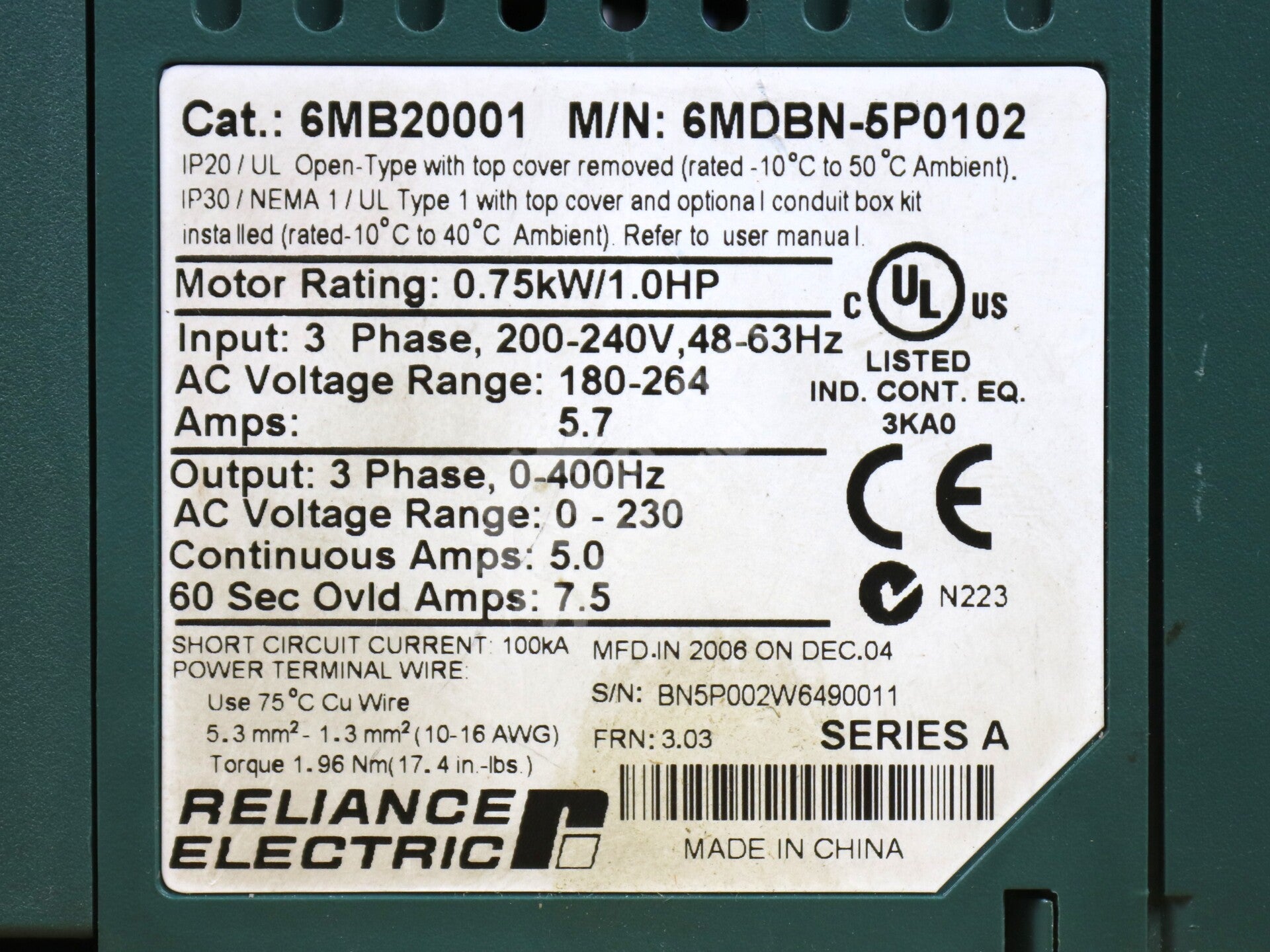 6MDBN-5P0102 By Reliance Electric 6MB20001 3-Phase 230VAC 1HP Micro Drive