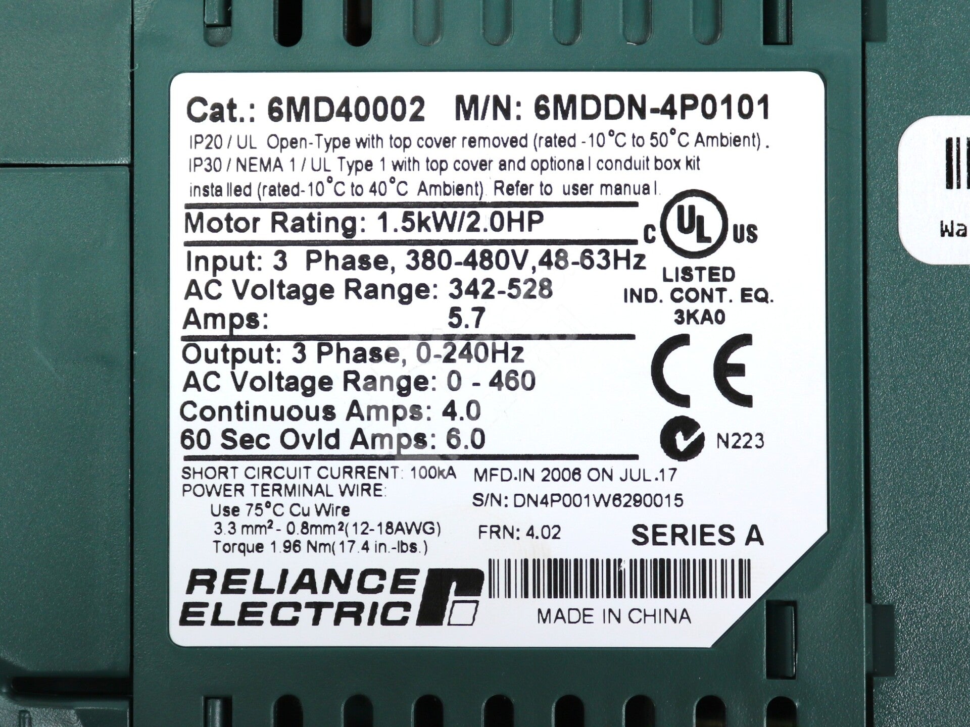 6MDDN-4P0101 By Reliance Electric 6MB4002 380-480V 3-PH 2.0HP AC Drive NSFP