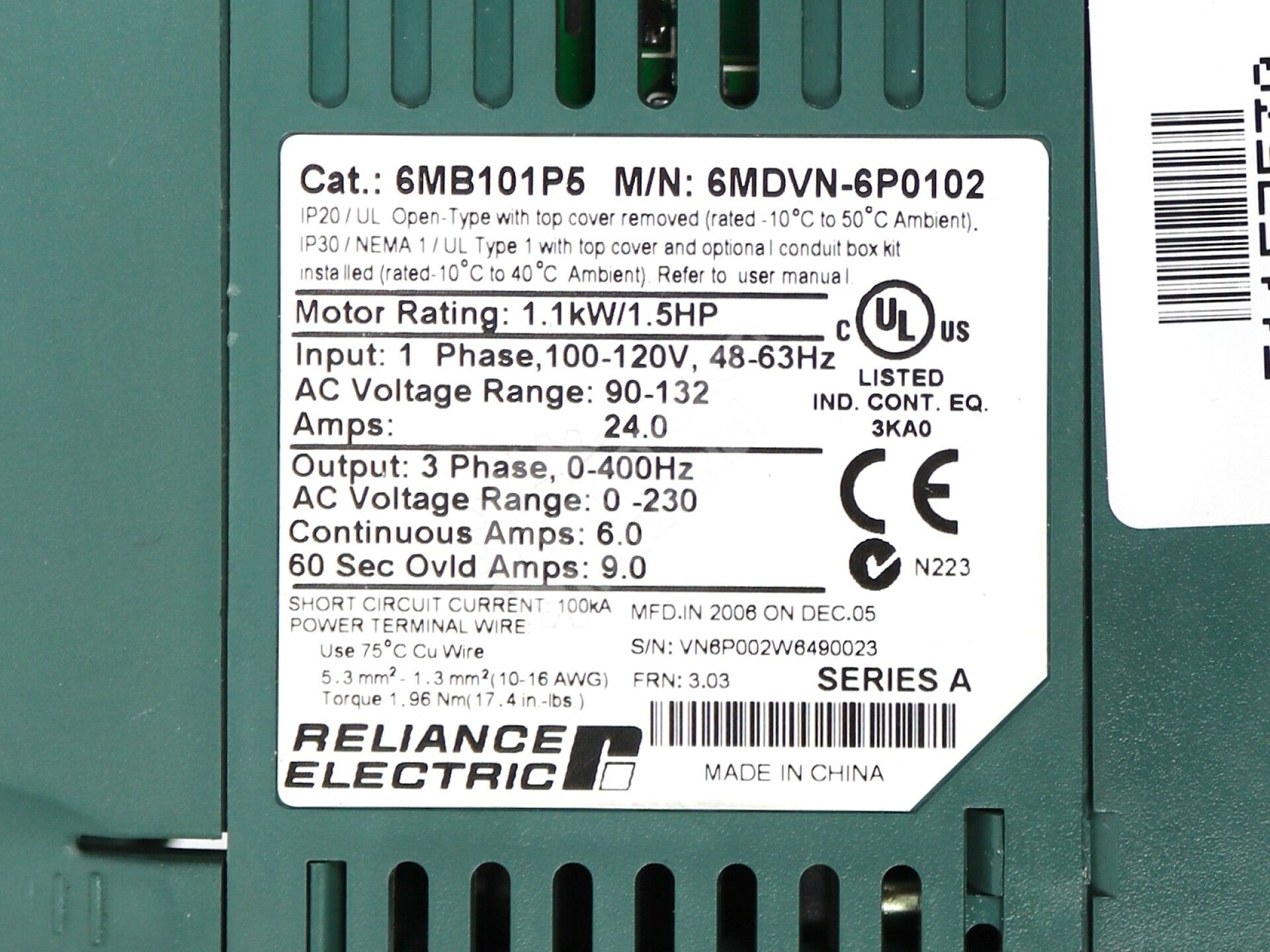 6MDVN-6P0102 By Reliance Electric 1.5HP 100-120VAC 1-Phase Drive NSNB