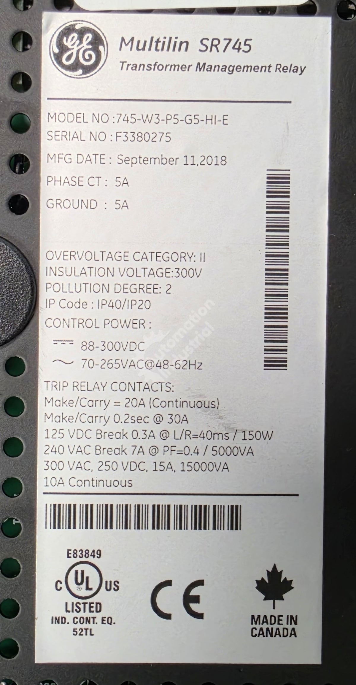 745-W3-P5-G5-HI-E GE Multilin Transformer Protection System NSFP