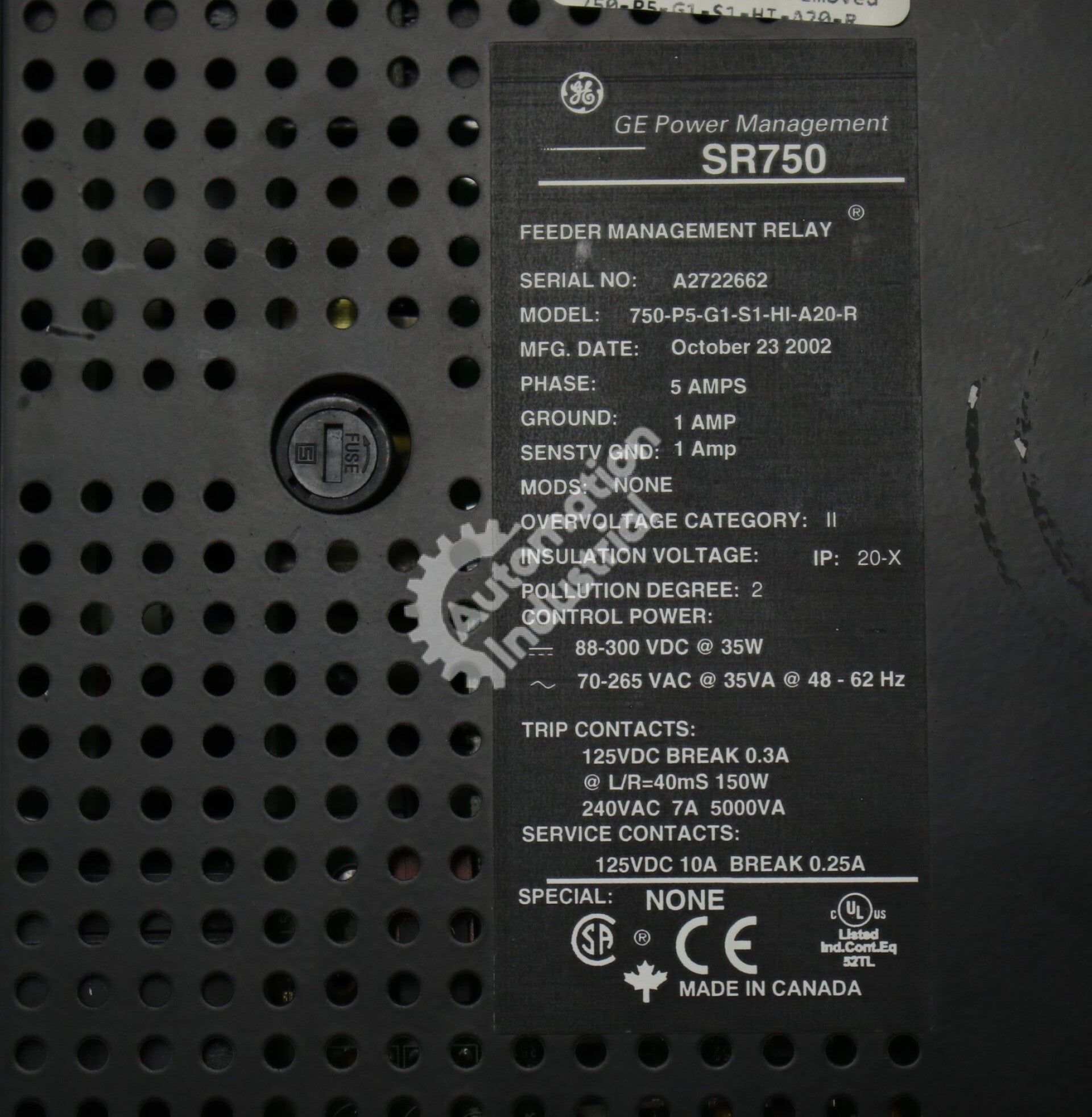 GE Multilin 750-P5-G1-S1-HI-A20-R Feeder Management Relay