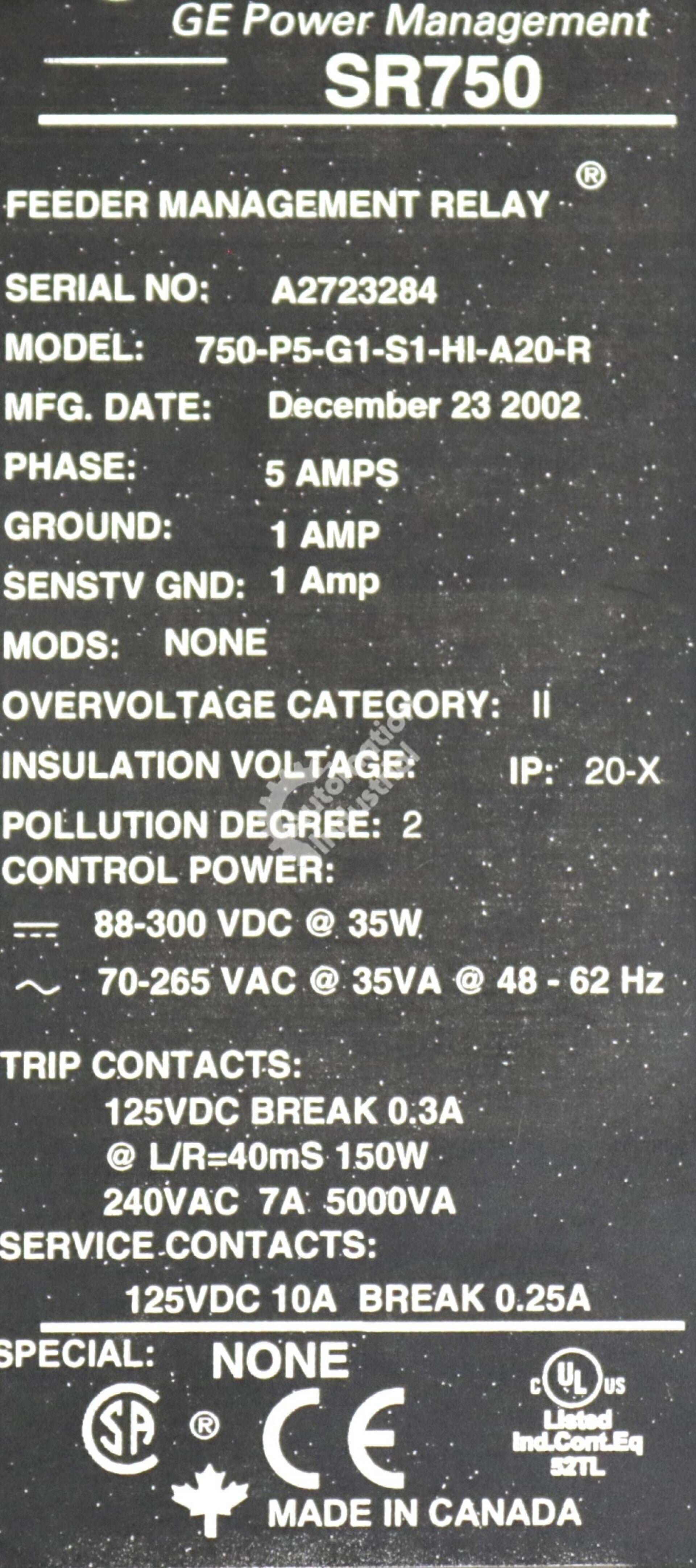 750-P5-G5-S1-HI-A20-R By GE Multilin 750 Feeder Management Relay