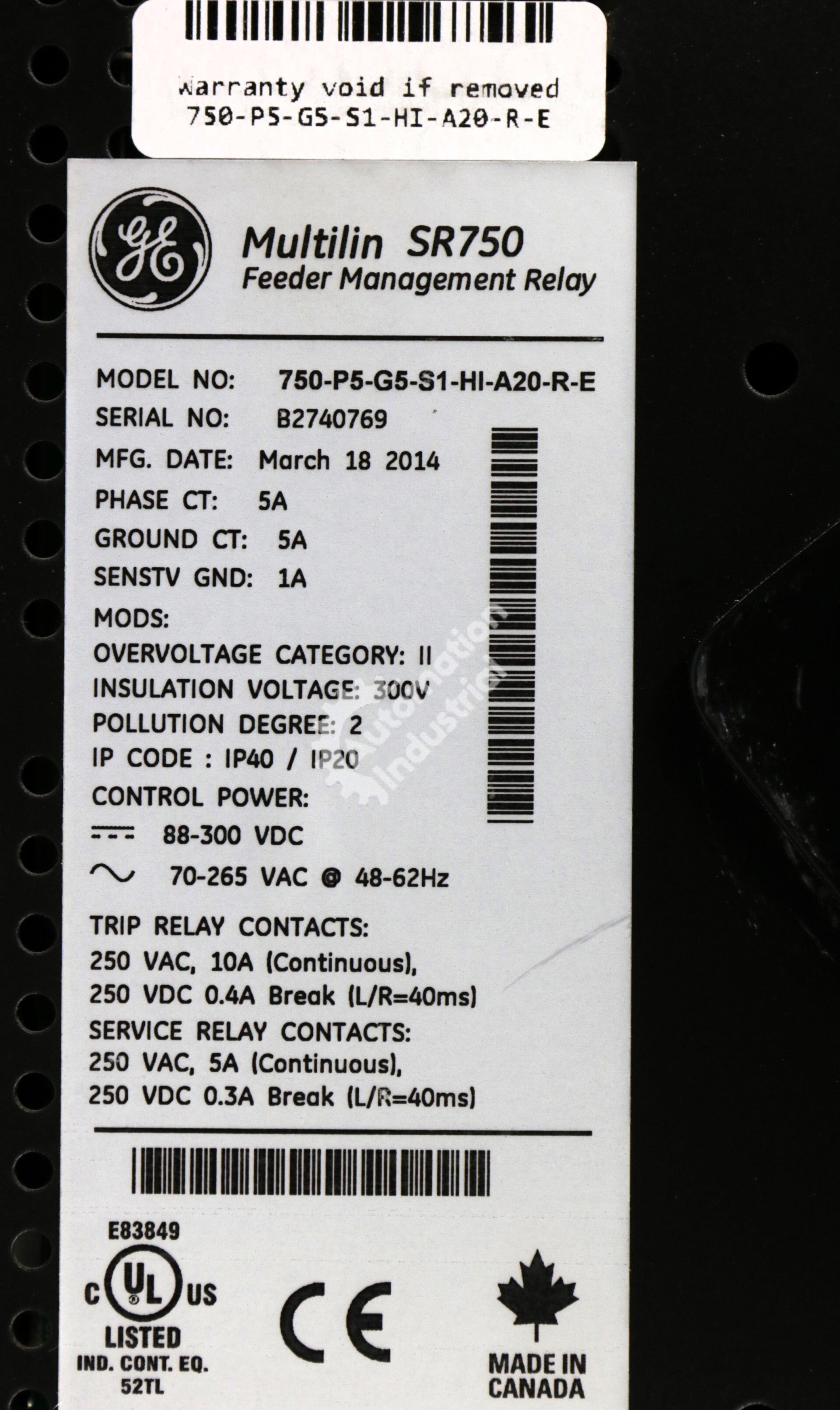 750-P5-G5-S1-HI-A20-R-E by GE Multilin Feeder Management Relay 750/760
