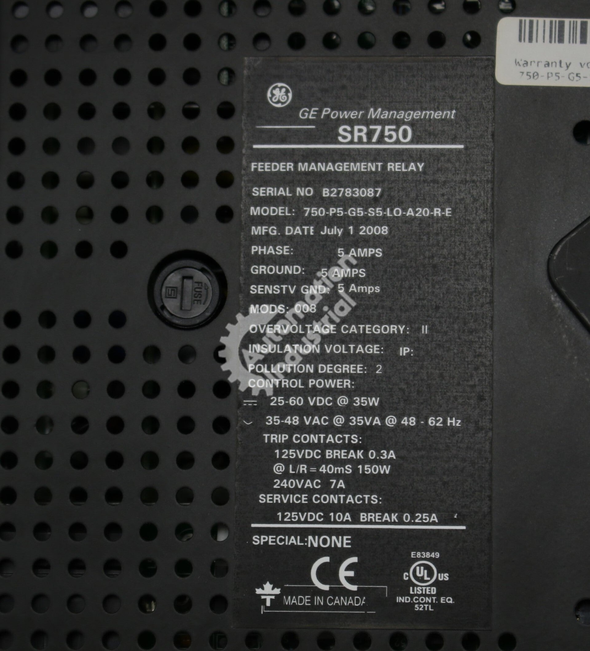 GE Multilin 750-P5-G5-S5-LO-A20-R-E Feeder Management Relay