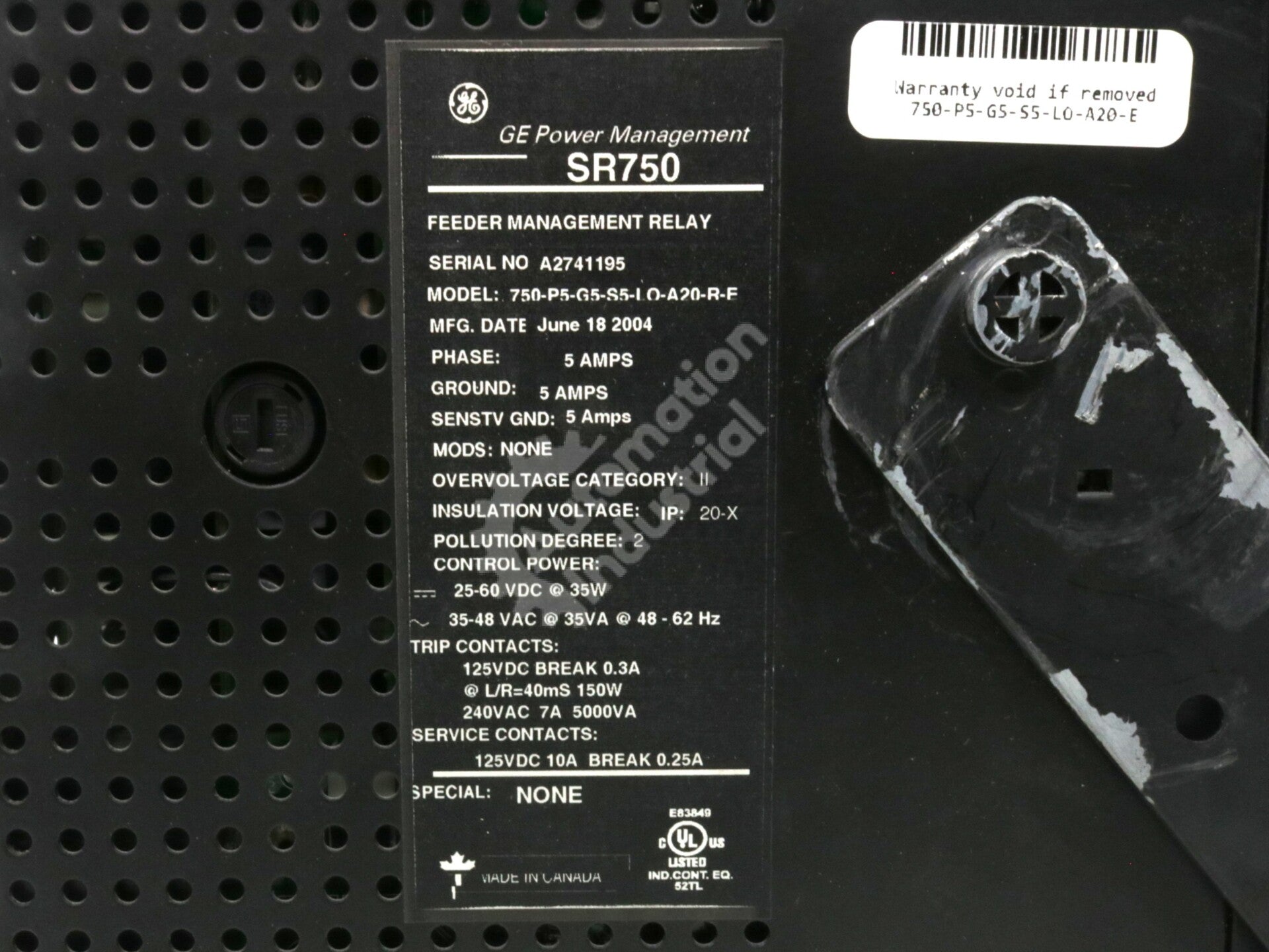 GE Multilin 750-P5-G5-S5-LO-A20-R-E Feeder Management Relay