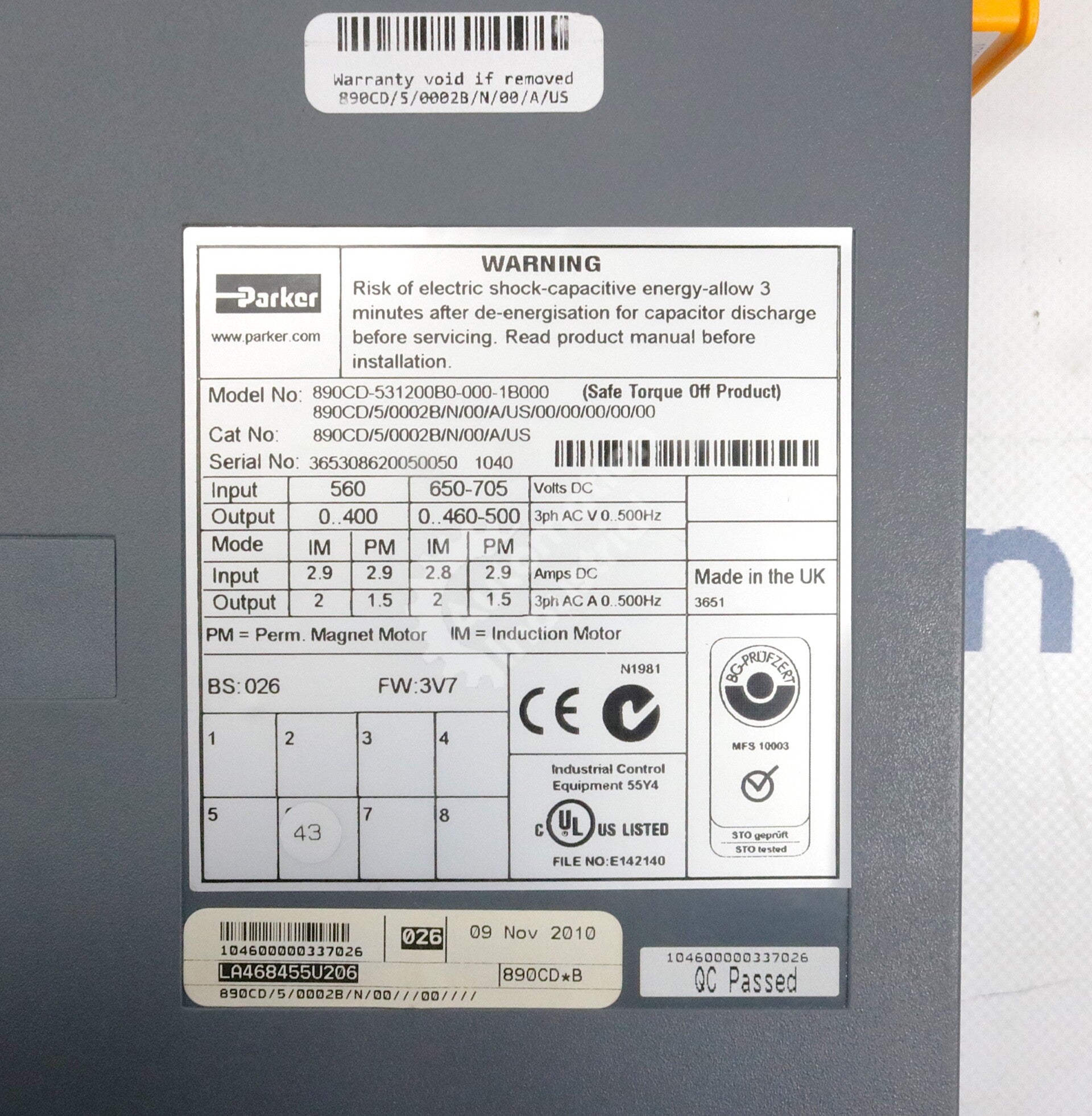 890CD/5/0002B/N/00/A/US By Parker Computers 50/60Hz Variable Frequency Drive