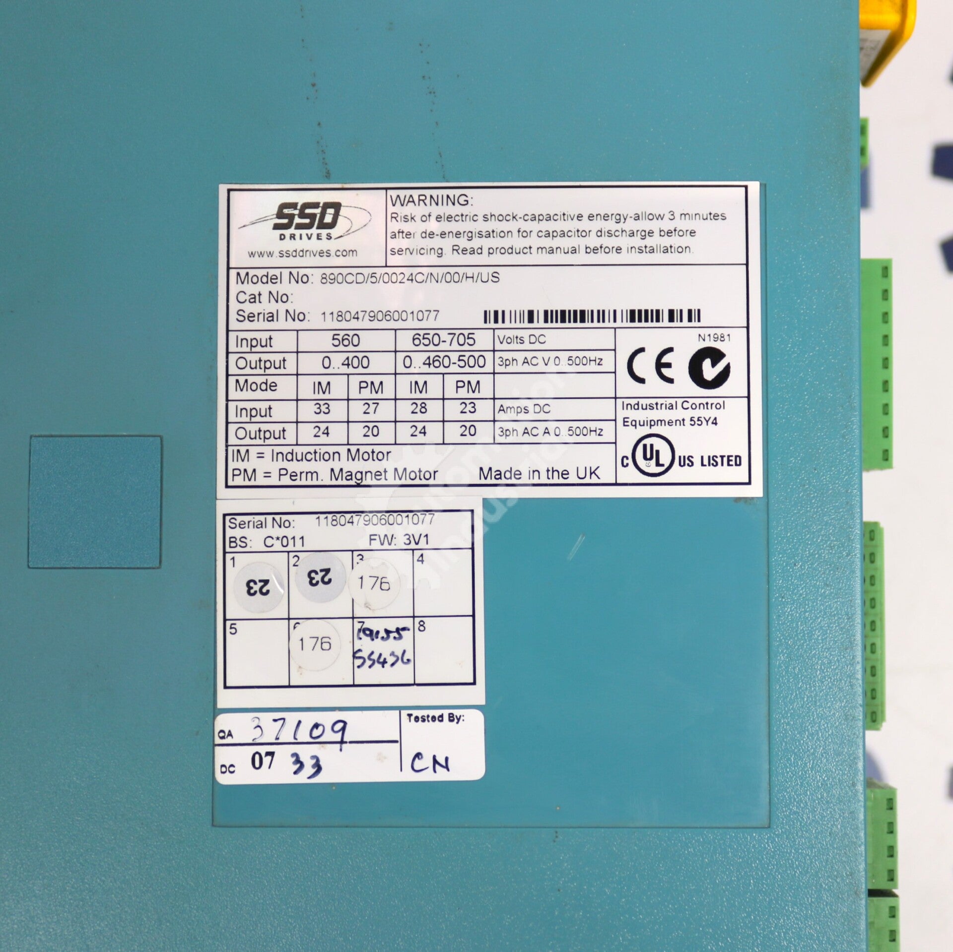 890CD/5/0024C/N/00/H/US By Parker Computers 3-Phase 500VAC Common Bus Drive