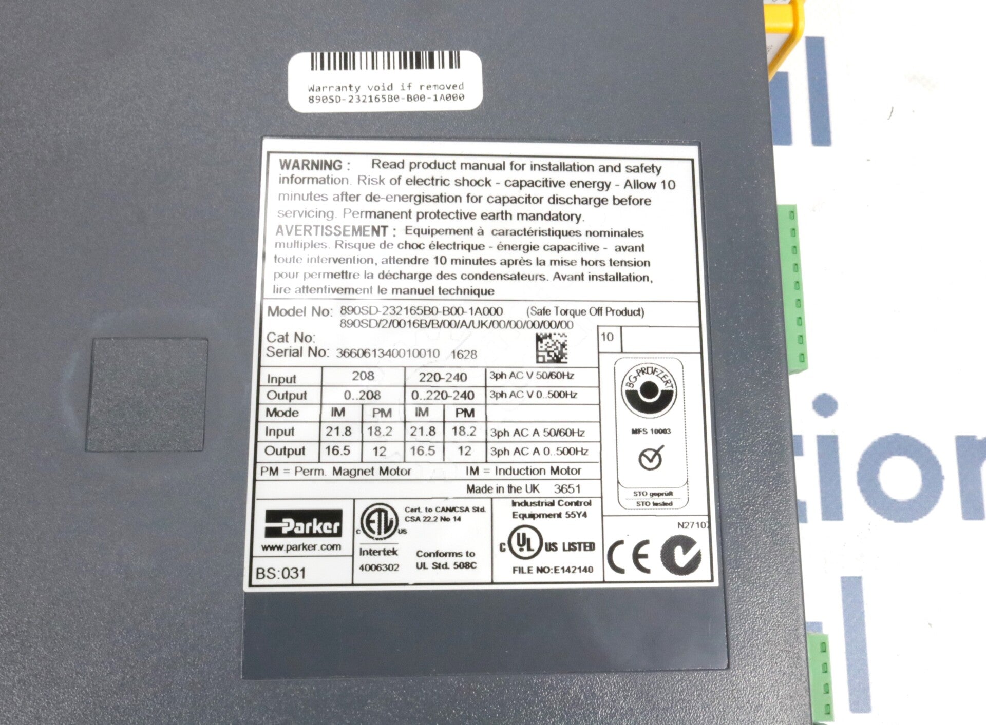 890SD-232165B0-B00-1A000 By Parker Computers 5HP 150Mhz Variable Frequency Drive