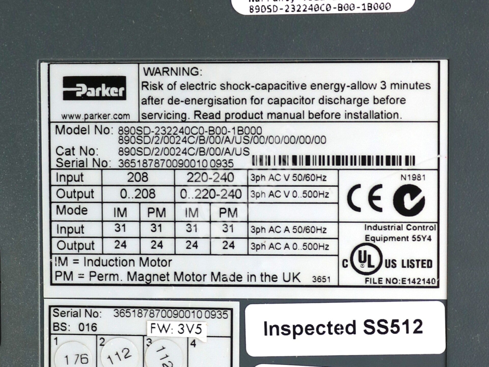 890SD-232240C0-B00-1B000 By Parker Computers 7.5HP Variable Frequency Drive