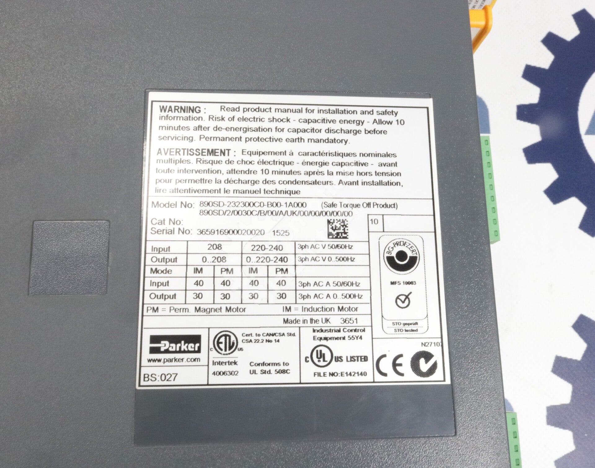 890SD-232300C0-B00-1A000 By Parker Computers 20HP IP20 Variable Frequency Drive