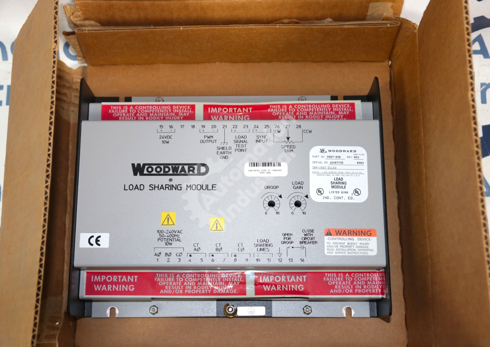 9907-838 By Woodward 24VDC Load Sharing Module New Surplus Factory Package