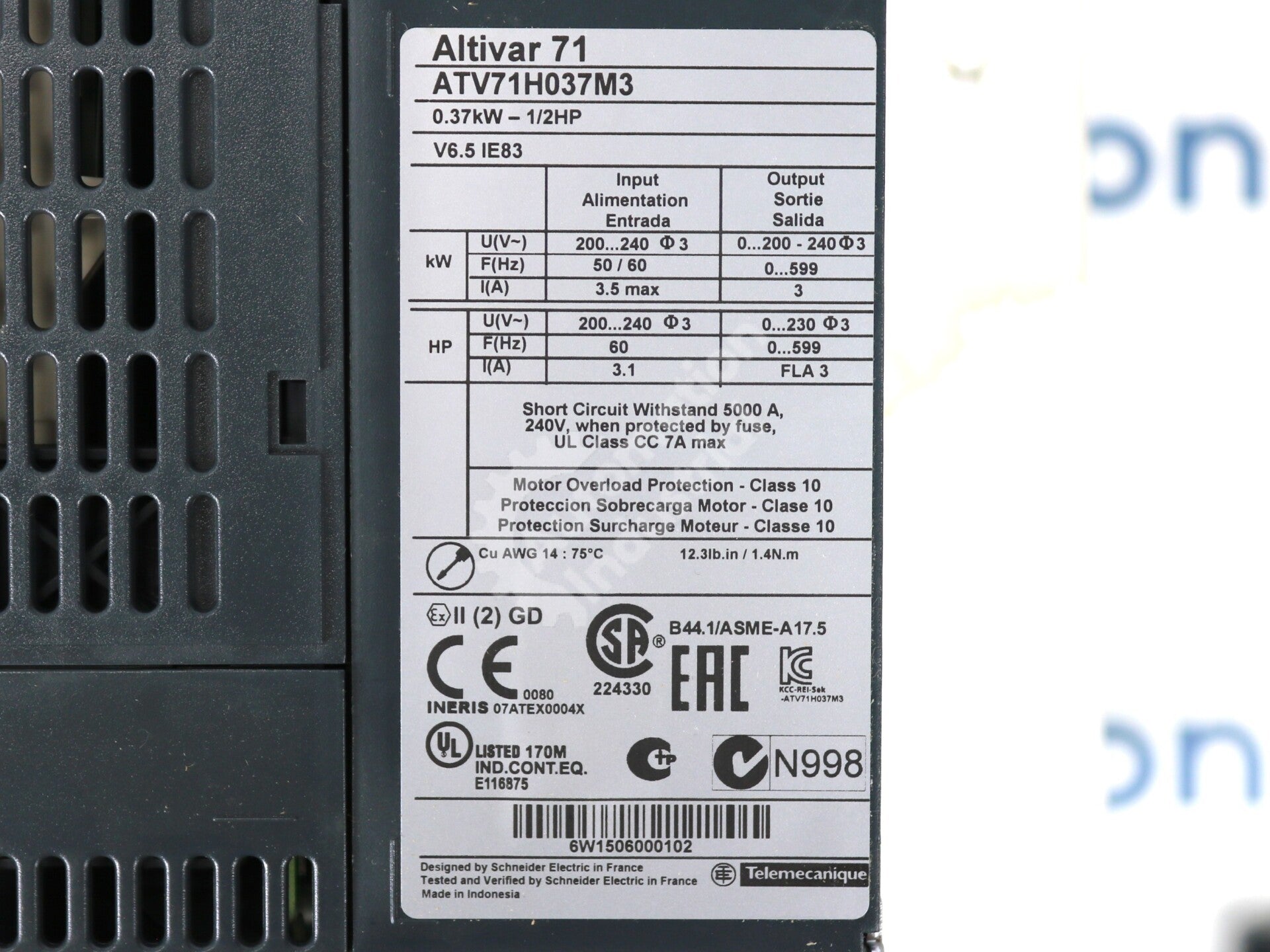 ATV71H037M3 By Schneider Electric Altivar 240VDC 0.5HP Variable Speed Drive NSFP