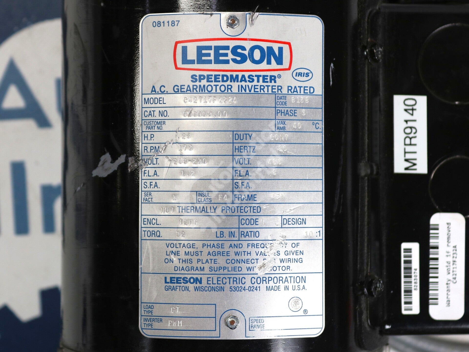 C42T17FZ32A By Leeson 096069.00 10:1 Ratio 0.25HP AC Parallel Gear Motor
