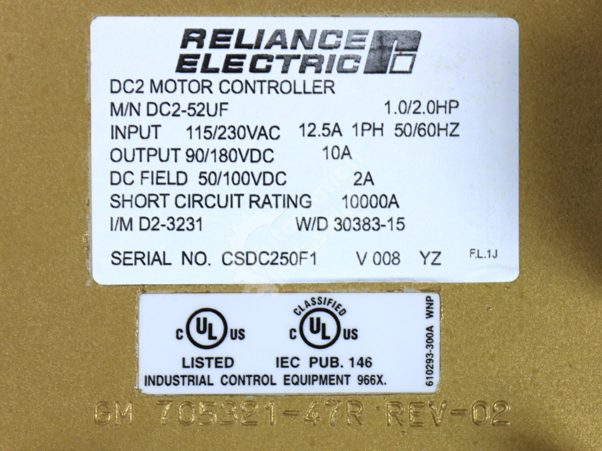 DC2-52UF By Reliance Electric 230VAC 2HP 12.5A Motor Controller