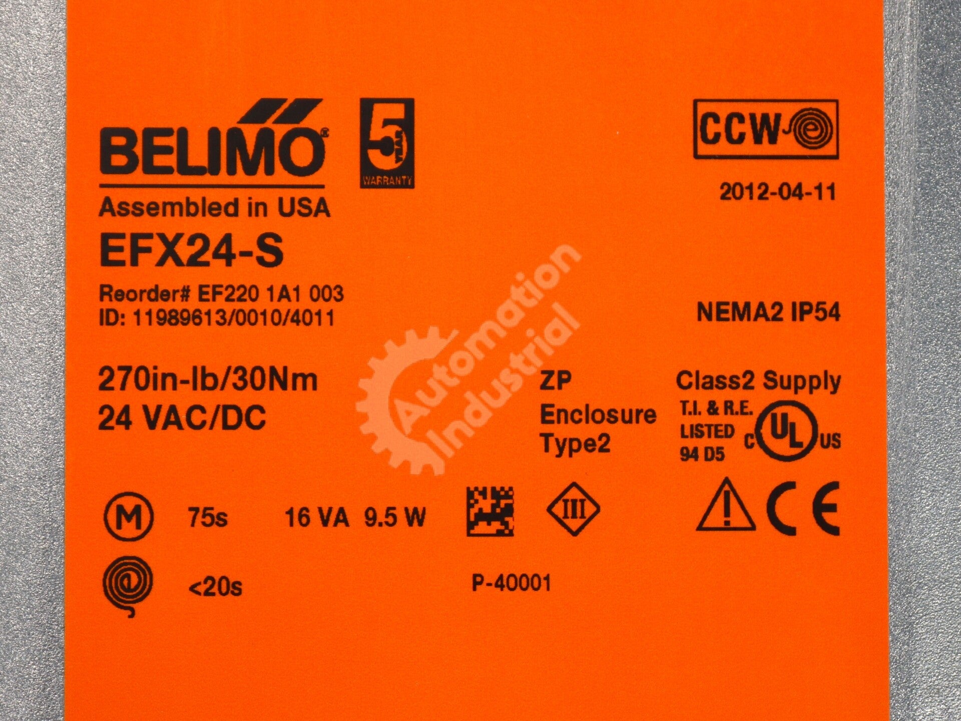 EFX24-S By Belimo 270in-lb 30Nm Spring Return Damper Actuator