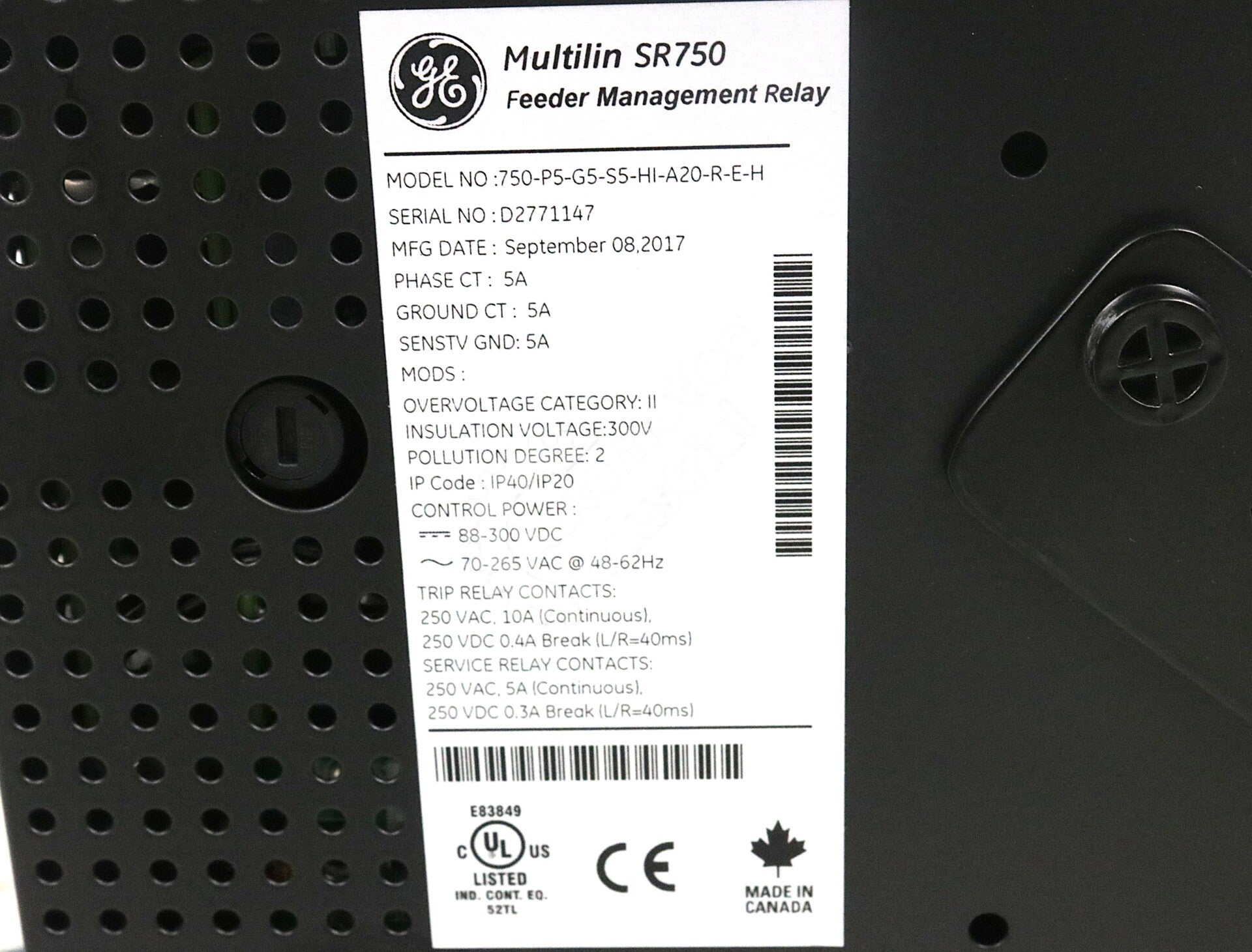 750-P5-G5-S5-HI-A20-R-E-H By GE Multilin 750 Feeder Management Relay NSFP