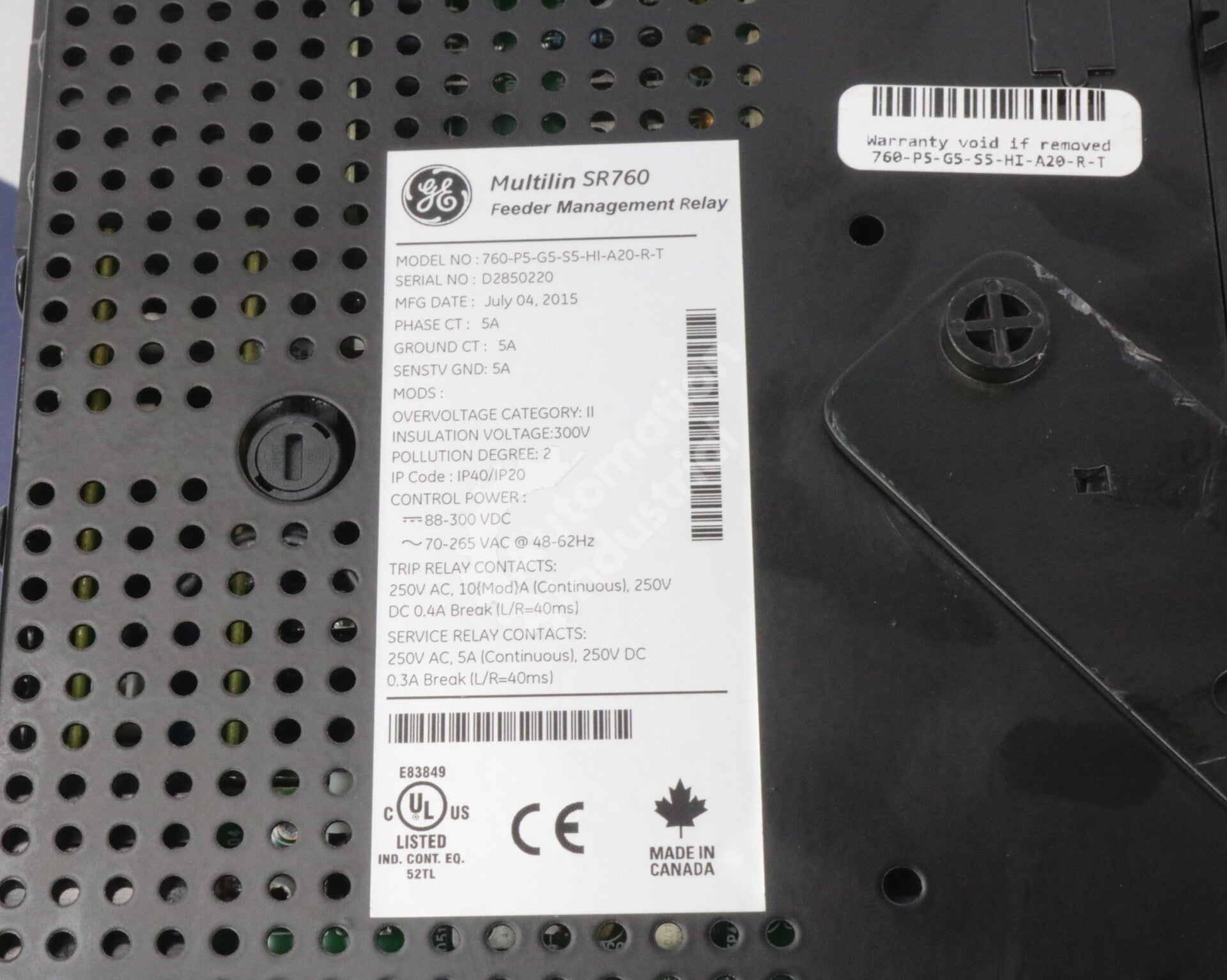760-P5-G5-S5-HI-A20-R-T By GE Multilin Feeder Management Relay