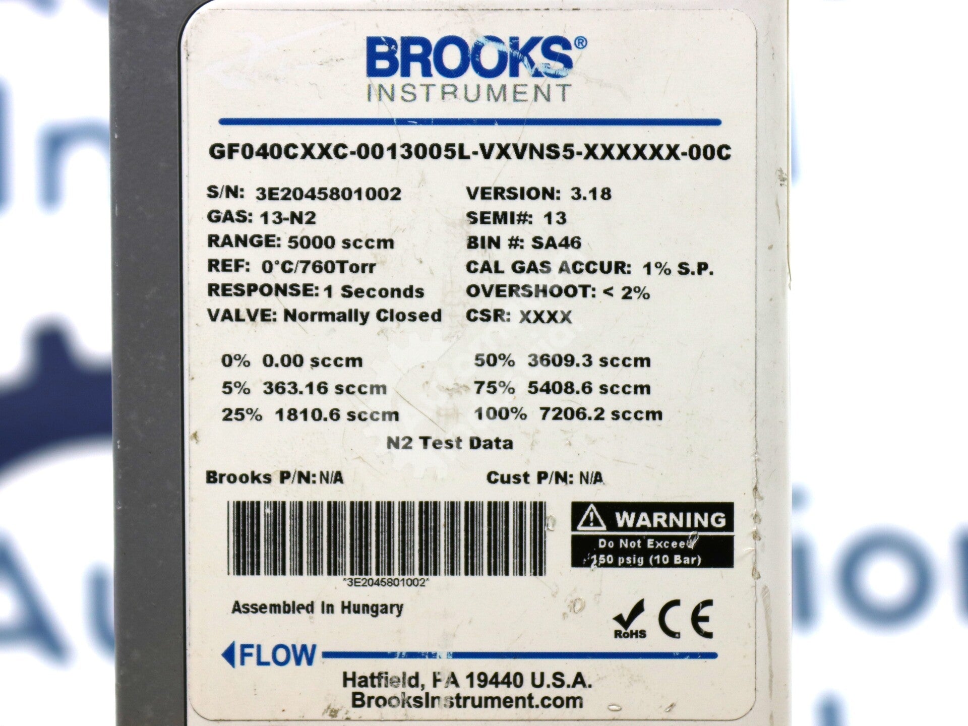 GF040CXXC-0013005L-VXNS5-XXXXXX-00C By Brooks Nitrogen Mass Flow Controller