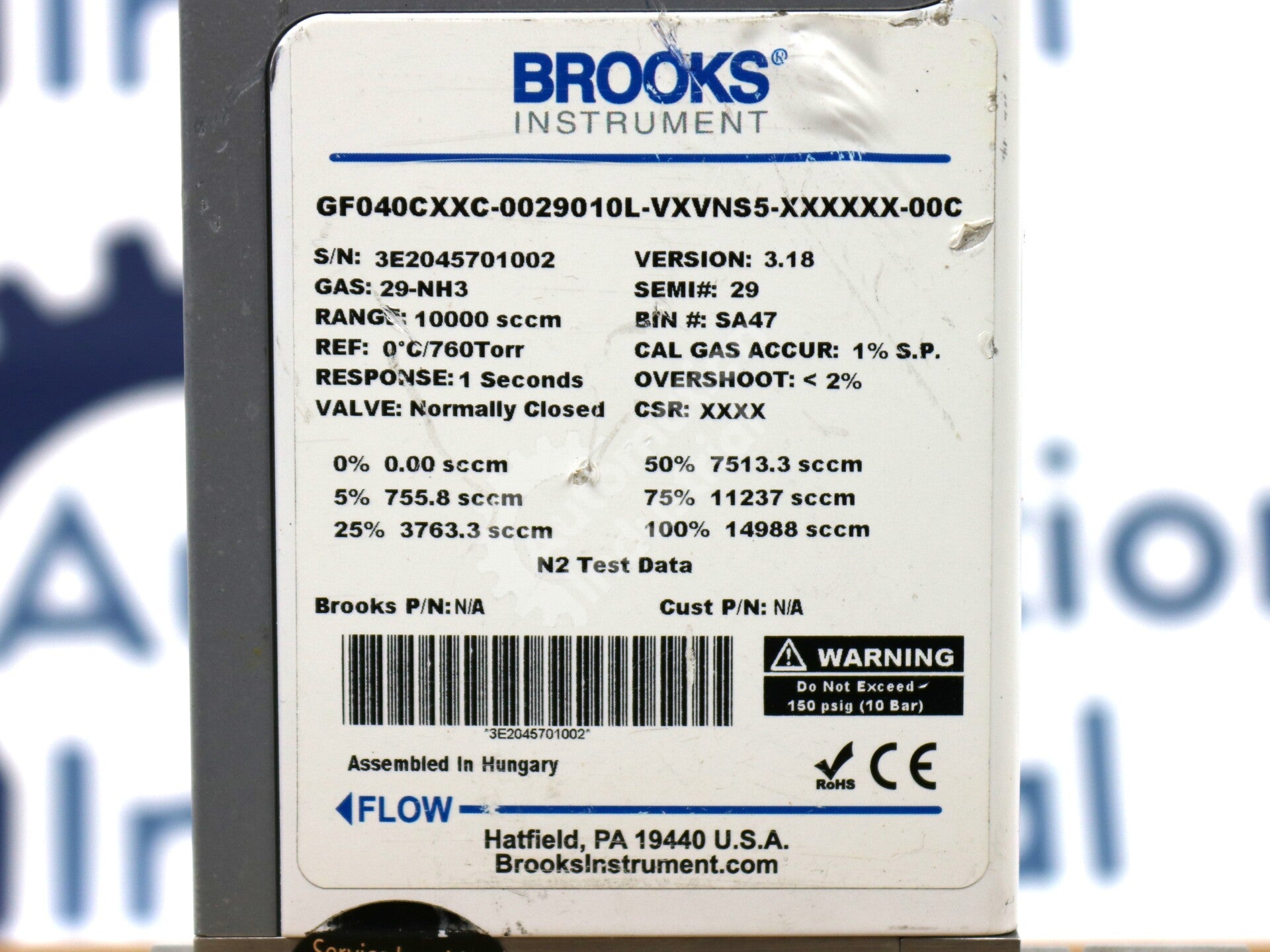 GF040CXXC-0029010L-VXVNS5-XXXXXX-00C By Brooks Ammonia Mass Flow Controller