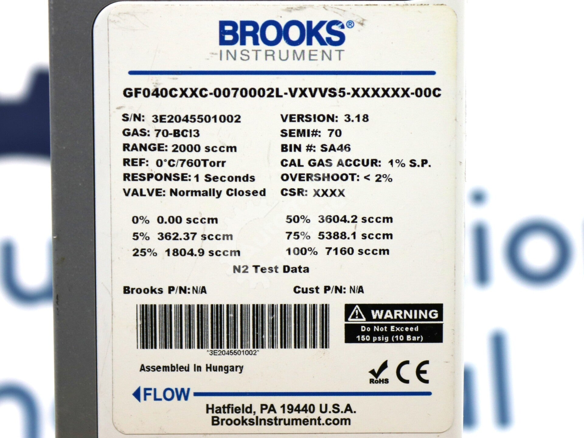 GF040CXXC-0070002L-VXVVS5-XXXXXX-00C By Brooks Hydrogen Mass Flow Controller