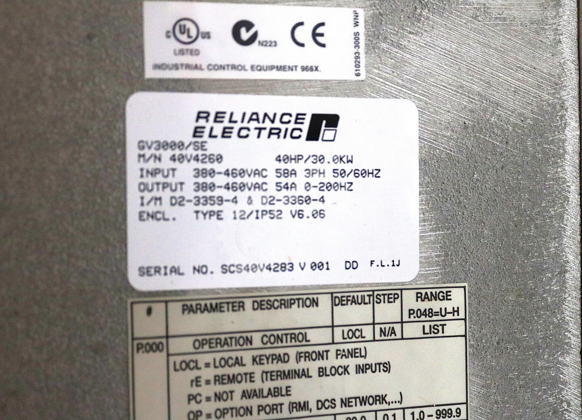 40V4260 By Reliance Electric GV3000 SE 380/460VAC AC Drive