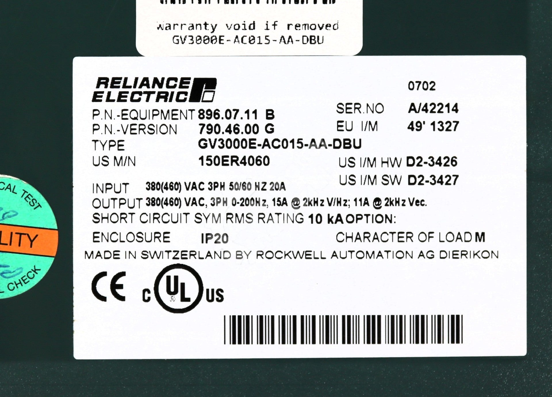 GV3000E-AC015-AA-DBU by GE 150ER4060 460V AC Drive GV3000