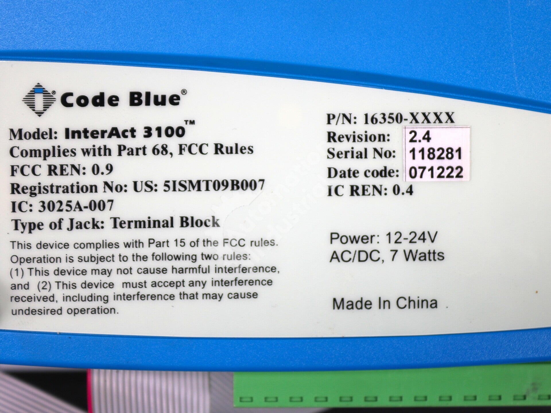 INTERACT 3100+CB 4-S By Code Blue 16350-XXXX Interactive Voice Security System
