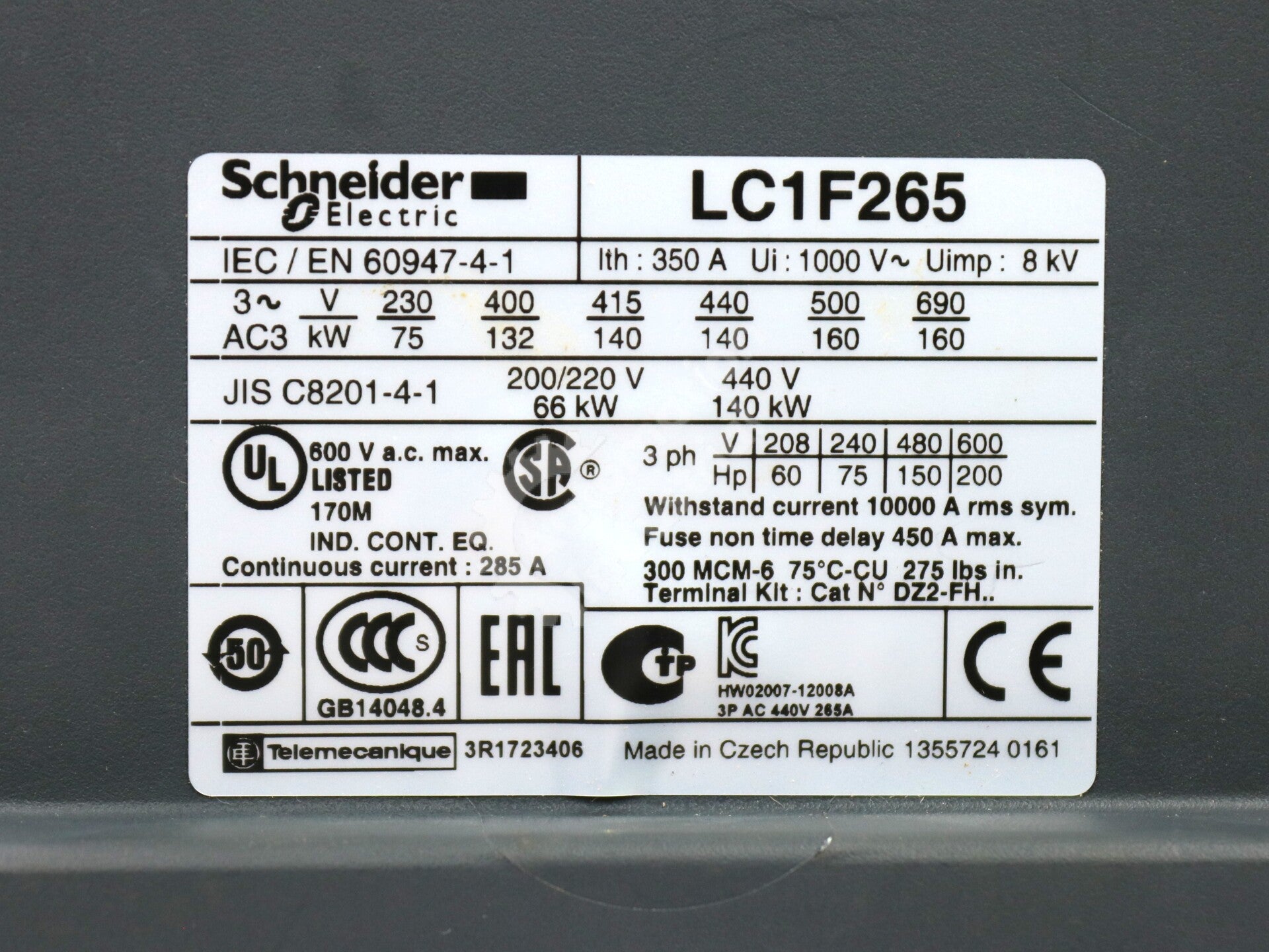 LC1F265 By Schneider Electric 3-Pole 440V 250A Contactor with LX1FH1272 Coil