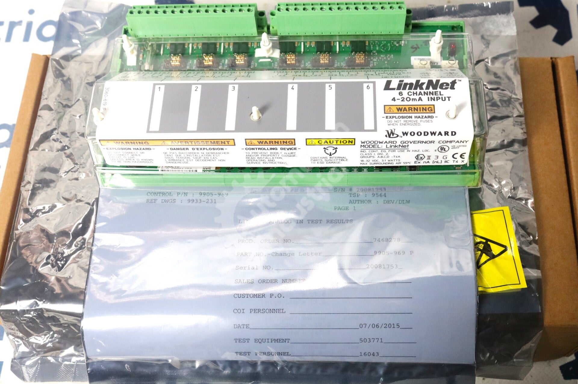 9905-969 By Woodward 24V 4-20MA 6-Channel LinkNet Module New Surplus No Box