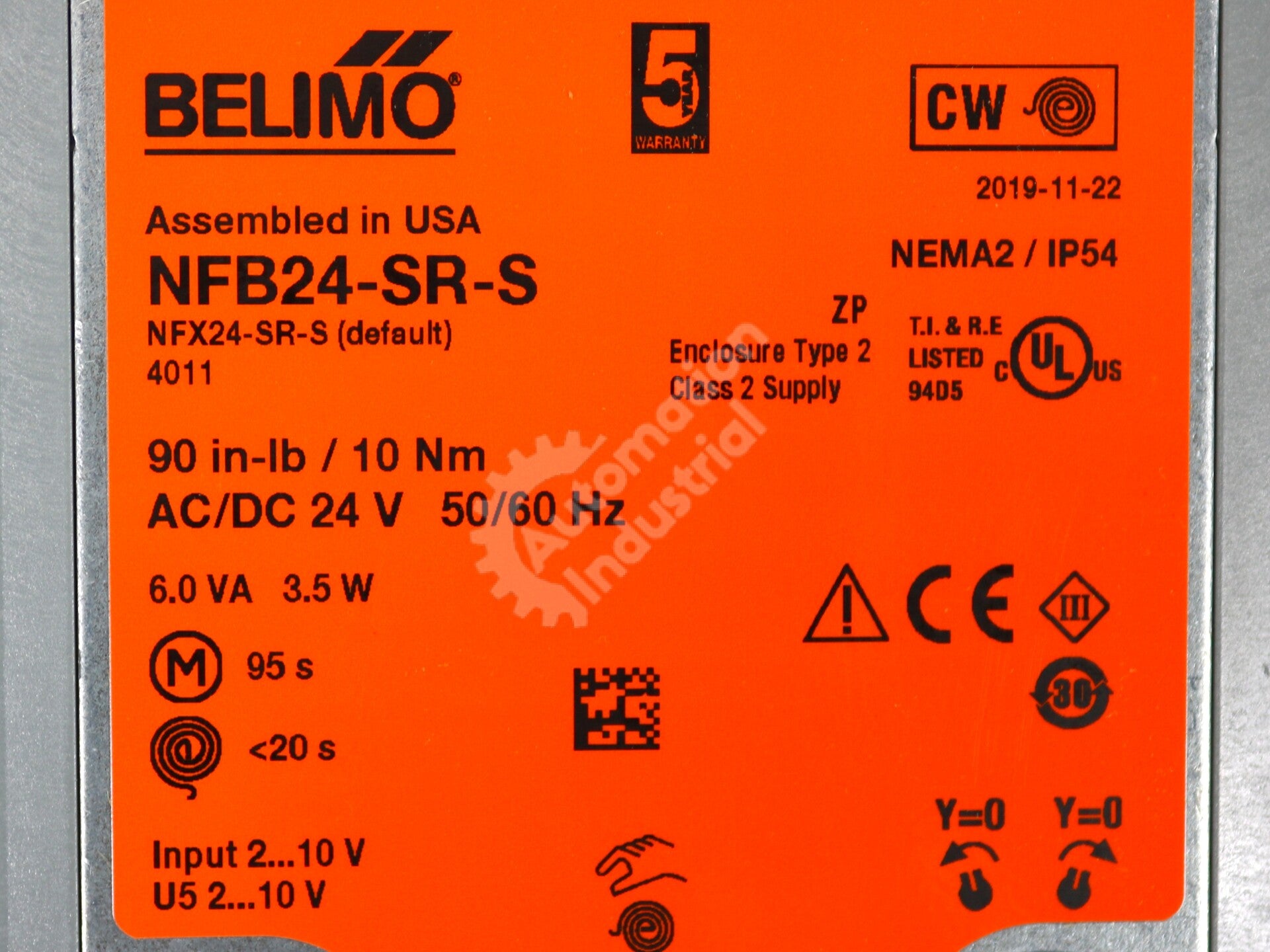 NFB24-SR-S By Belimo 10Nm Basic Fail-Safe Modulating Damper Actuator NSFP