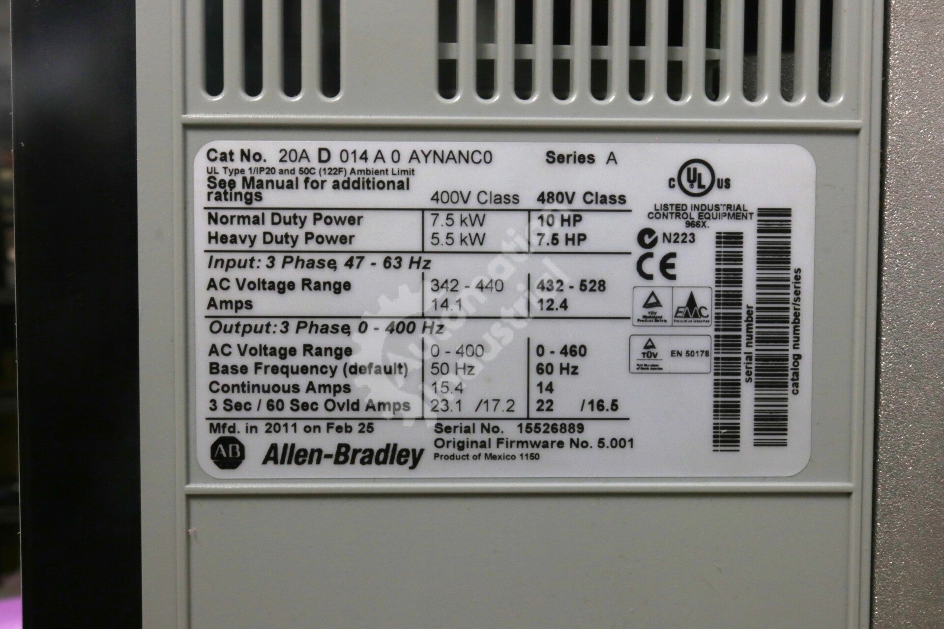 20AD014A0AYNANC0 By Allen Bradley 3-Phase 10HP 480VAC PowerFlex 70 Ac Drive NSFP