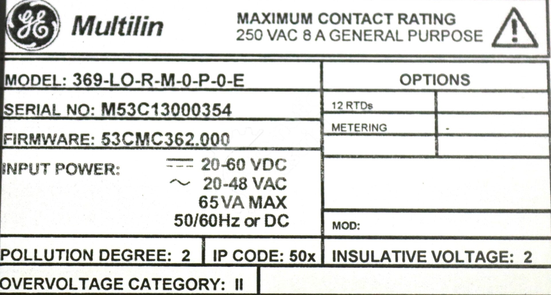 369-LO-R-M-0-P-0-E By GE Multilin  369 Motor Management Relay New Surplus No Box