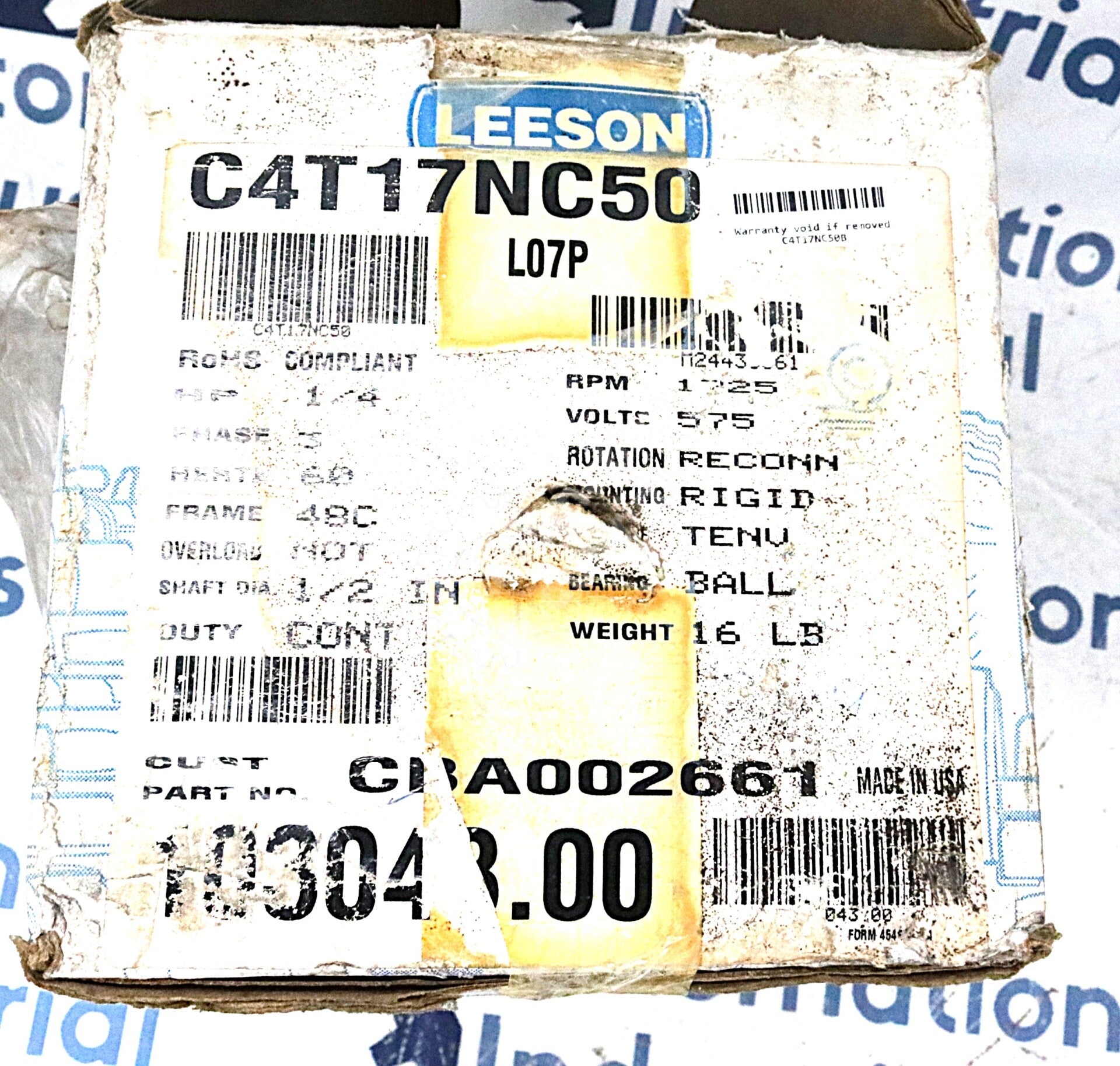 C4T17NC50B By Leeson 103043.00 ¼ HP 60Hz 1725RPM 3-Phase AC Motor NSFP