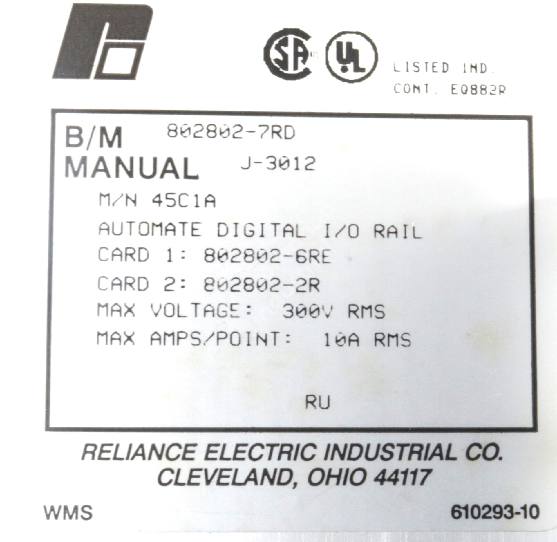 45C1 By Reliance Electric 45C1A Digital I/O Rail Controller AutoMate NSFP